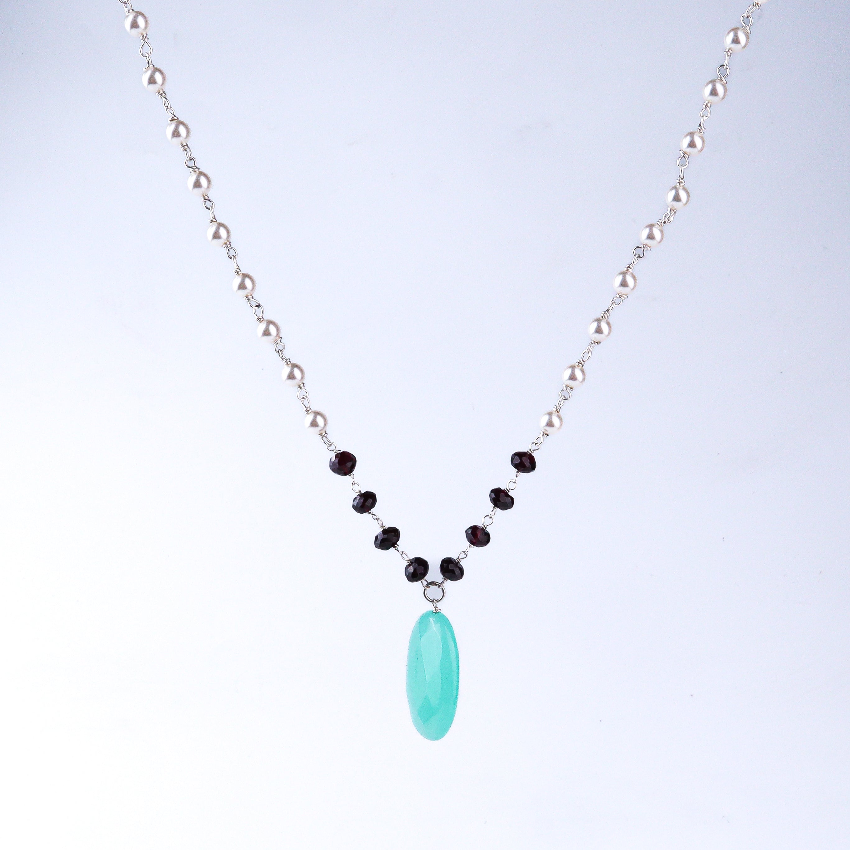 Silver Pearl Ganthan Necklace With Multi-color Stone