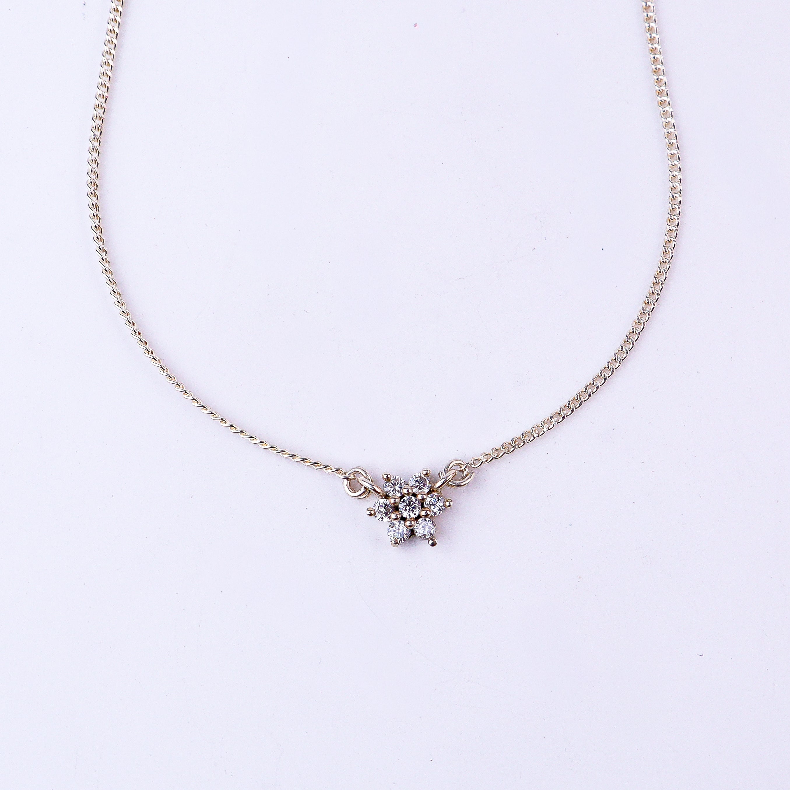 Classic Silver Flower motif CZ Necklace- Small