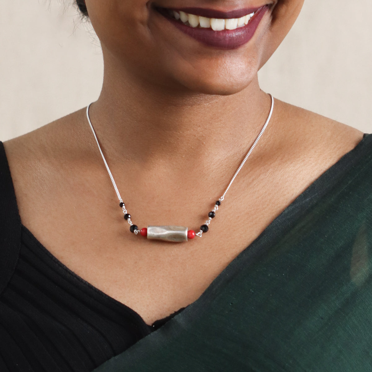 Handmade Mangalsutra with Silver Antique Pendant