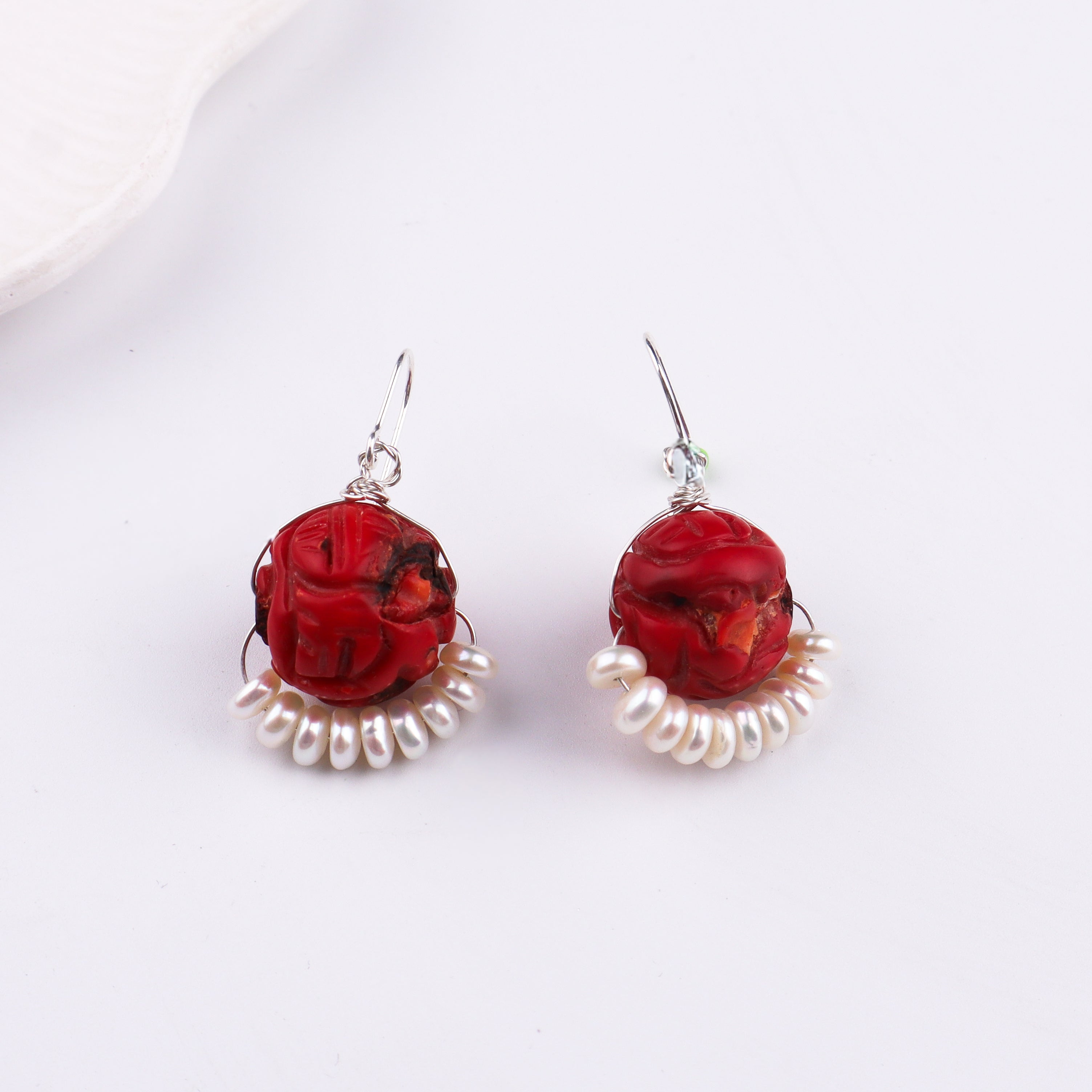 Coral & Freshwater Pearl Silver Earrings (Project Handmade)