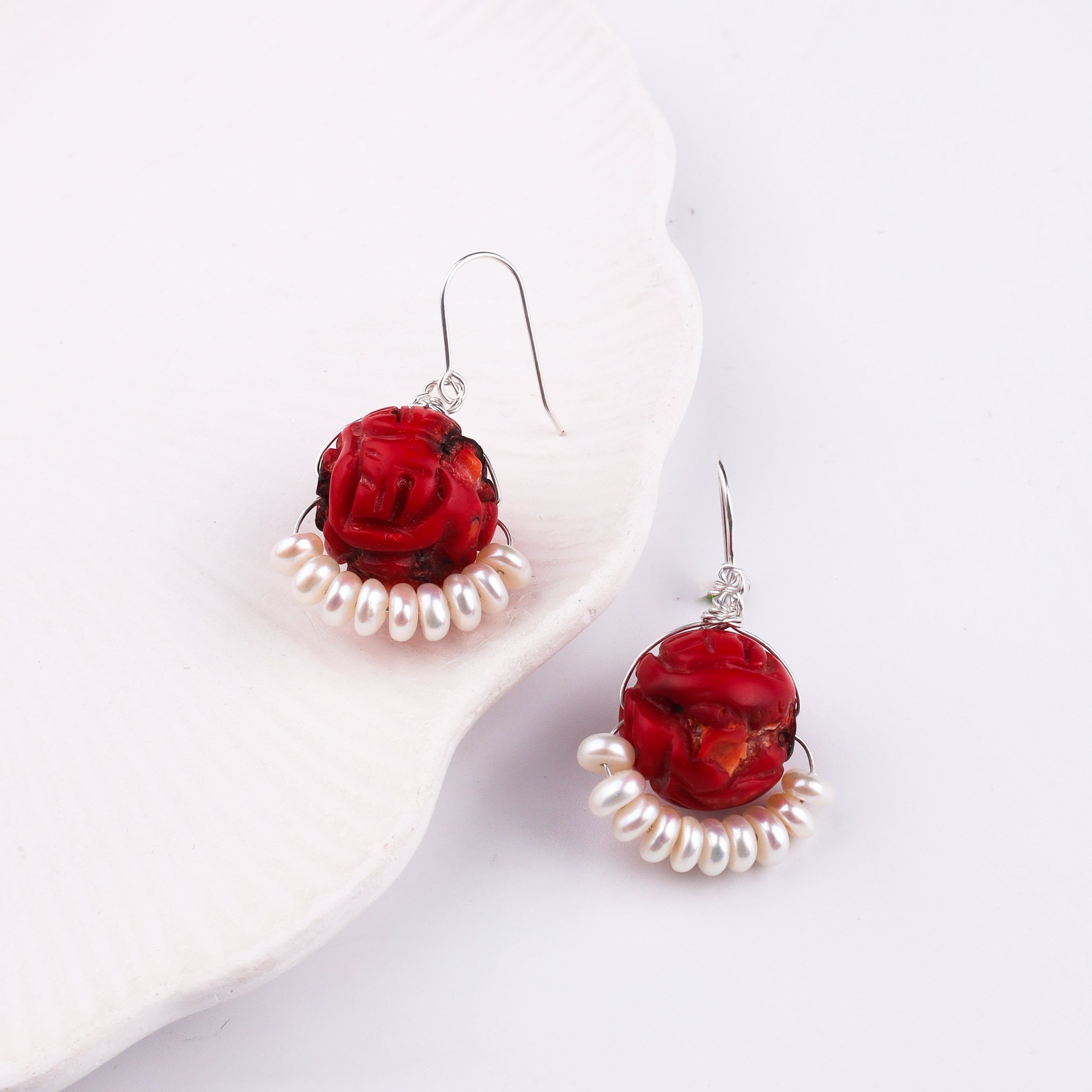 Coral & Freshwater Pearl Silver Earrings (Project Handmade)