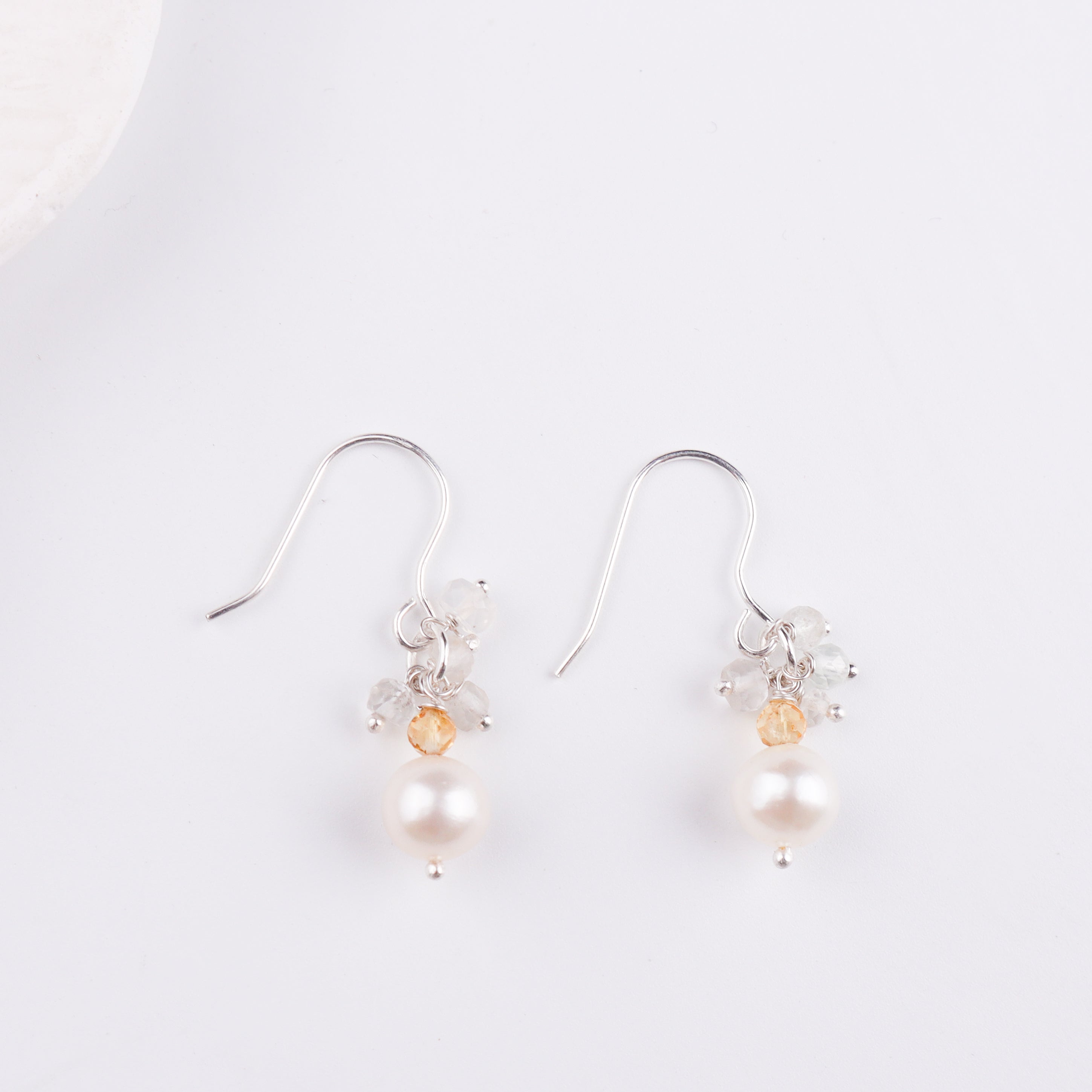 Silver hook earrings with pearl and crystal beads
