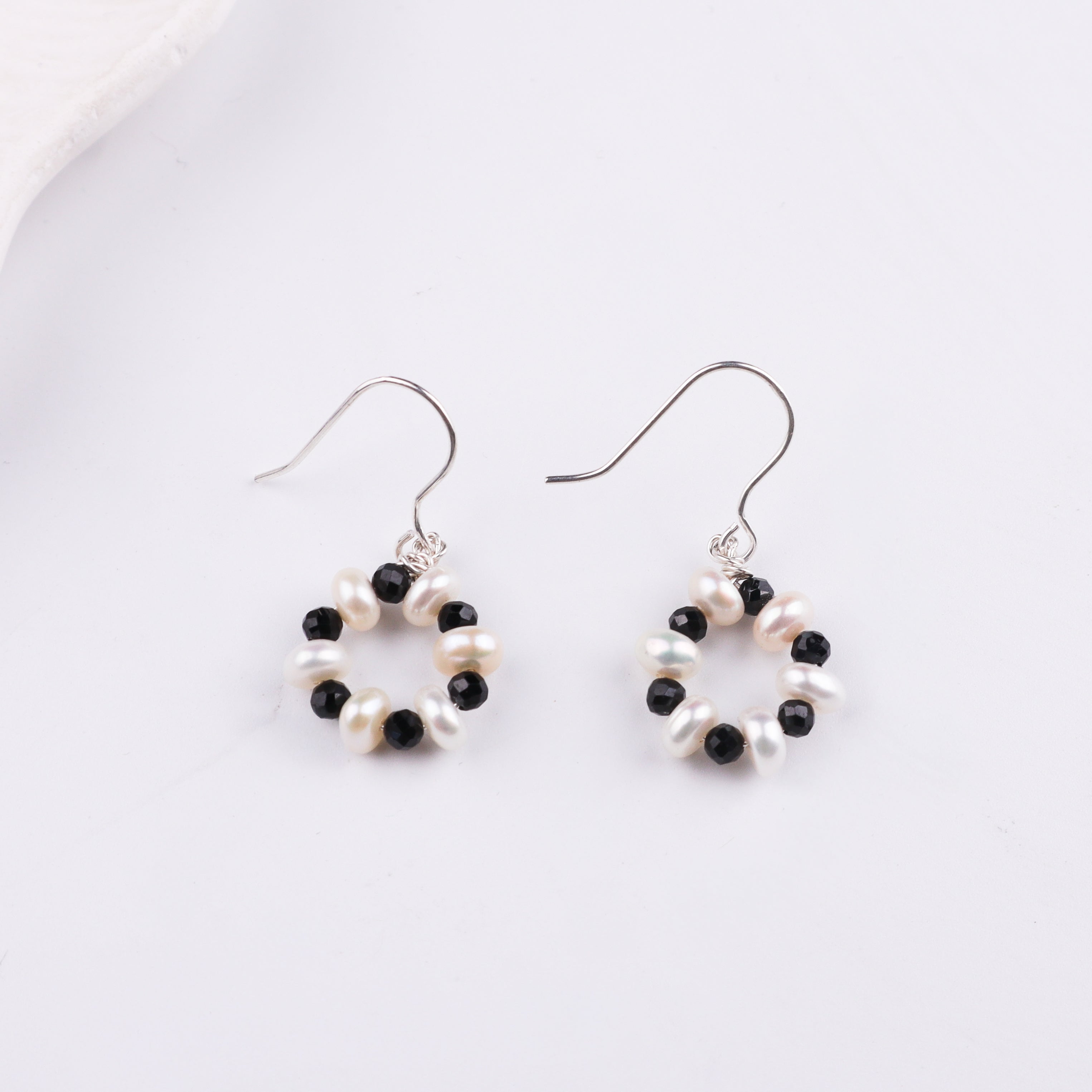 Black Spinel & Freshwater Pearl Silver Earrings (Project Handmade)