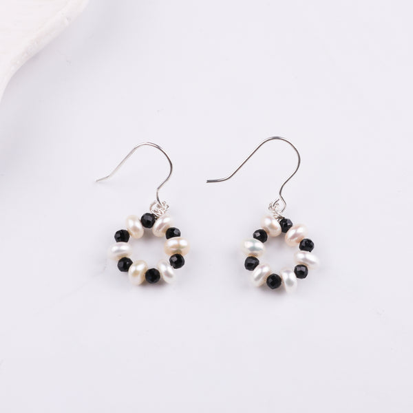 Black Spinel & Freshwater Pearl Silver Earrings (Project Handmade)