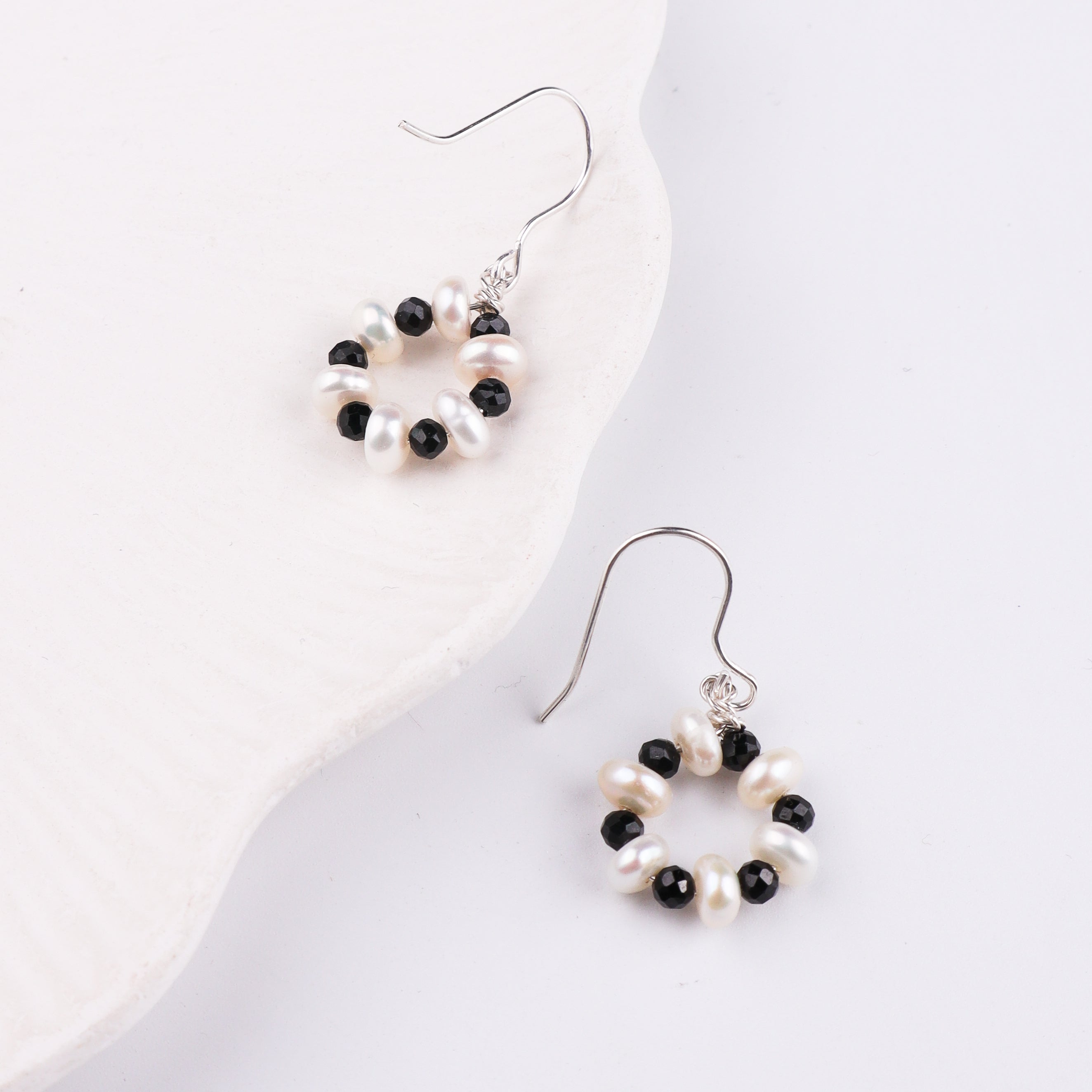 Black Spinel & Freshwater Pearl Silver Earrings (Project Handmade)