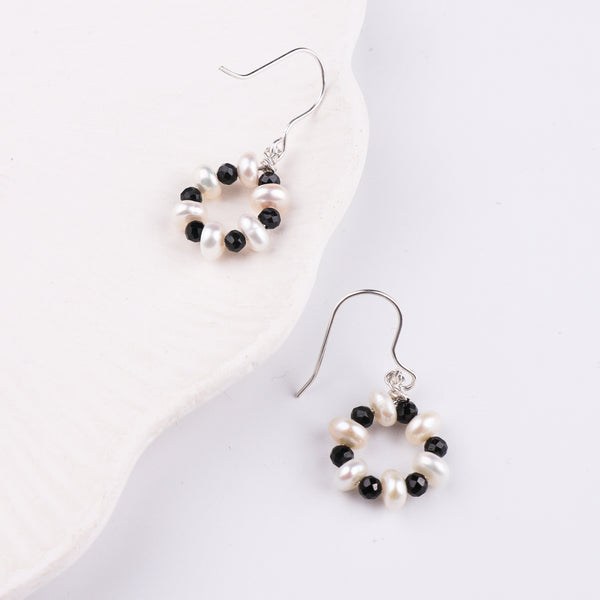 Black Spinel & Freshwater Pearl Silver Earrings (Project Handmade)