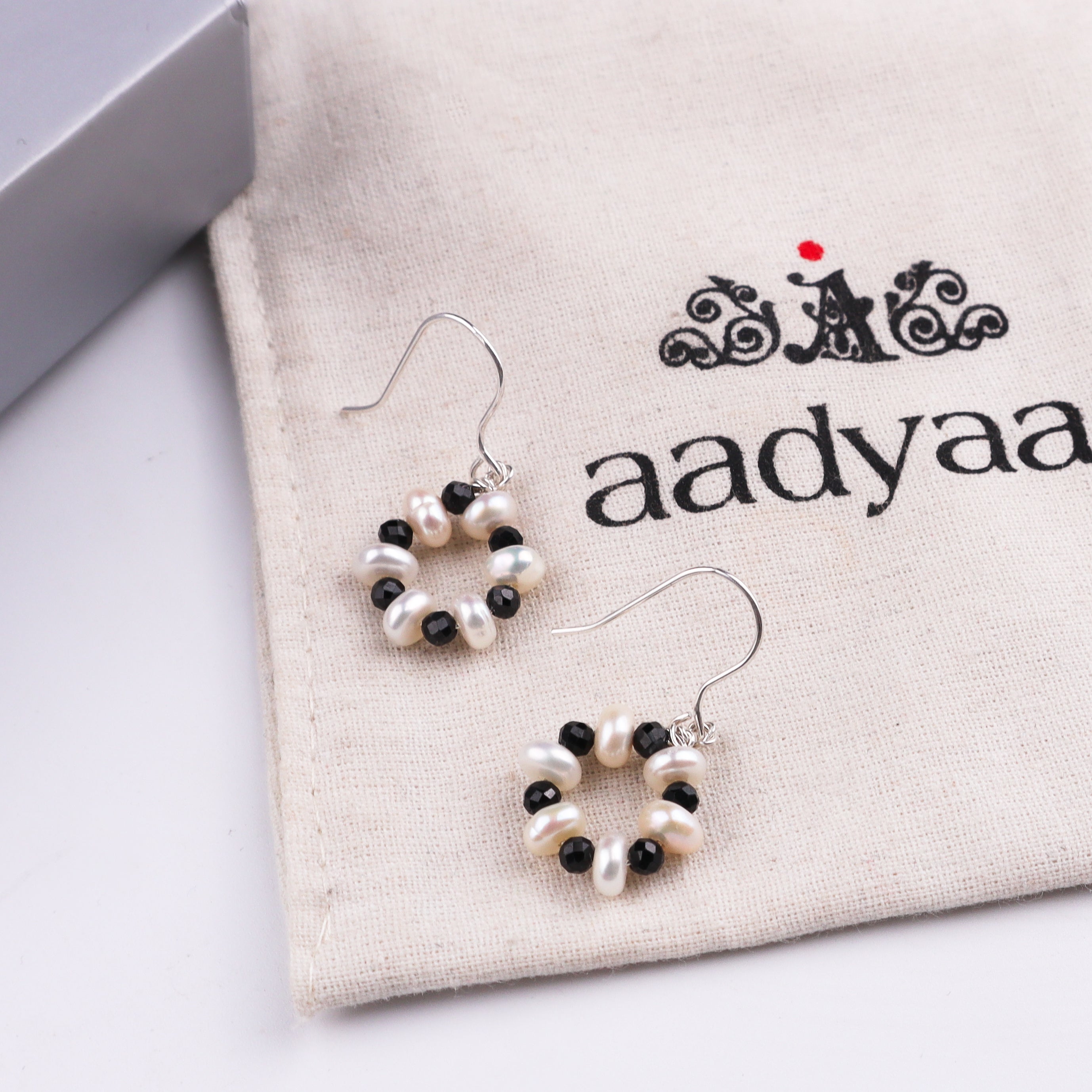 Black Spinel & Freshwater Pearl Silver Earrings (Project Handmade)