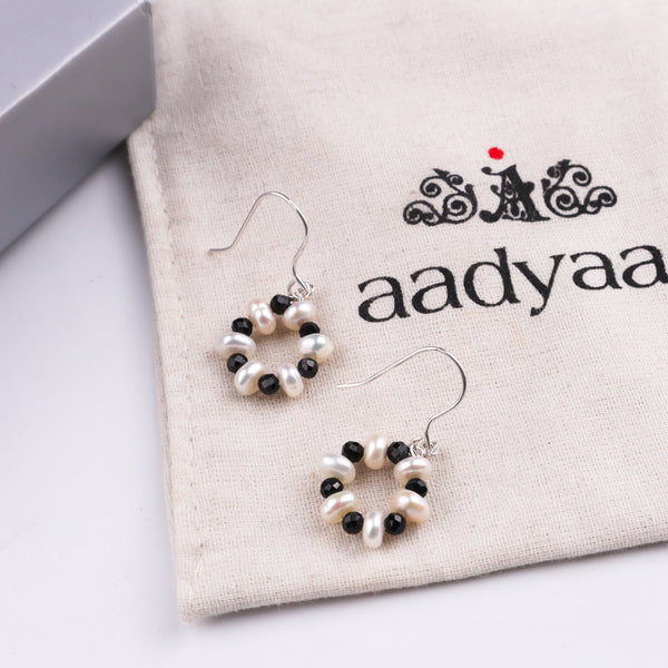 Black Spinel & Freshwater Pearl Silver Earrings (Project Handmade)