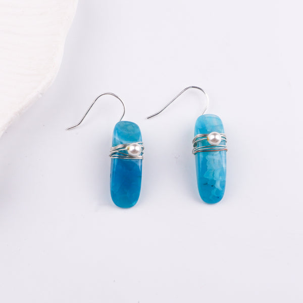 Blue Agate & Pearl Silver Earrings (Project Handmade)