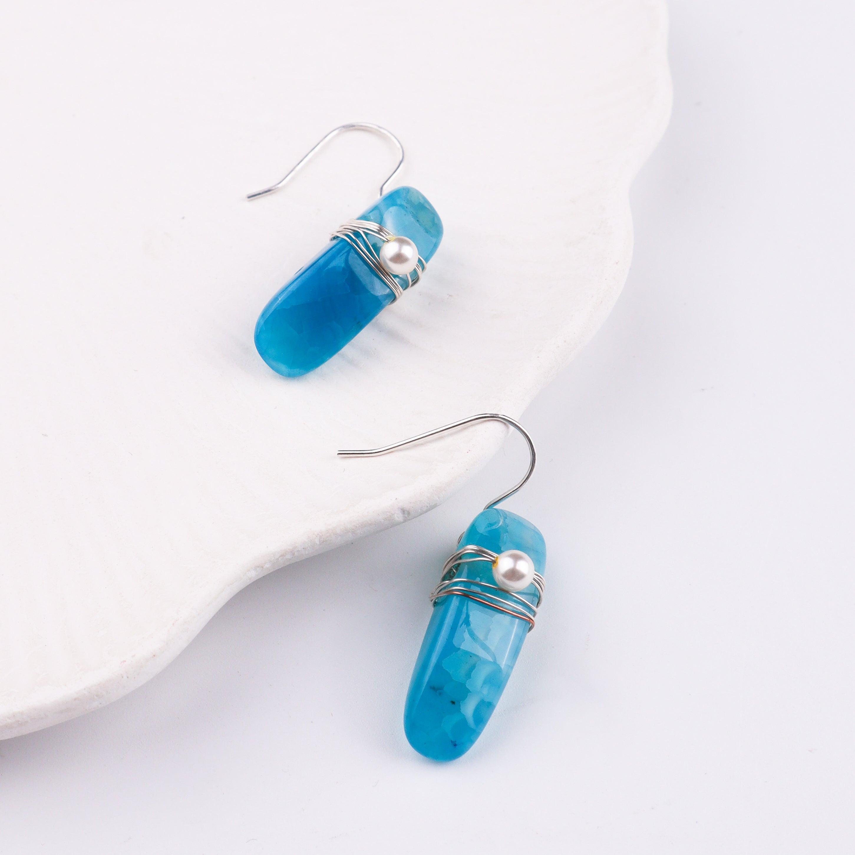 Blue Agate & Pearl Silver Earrings (Project Handmade)