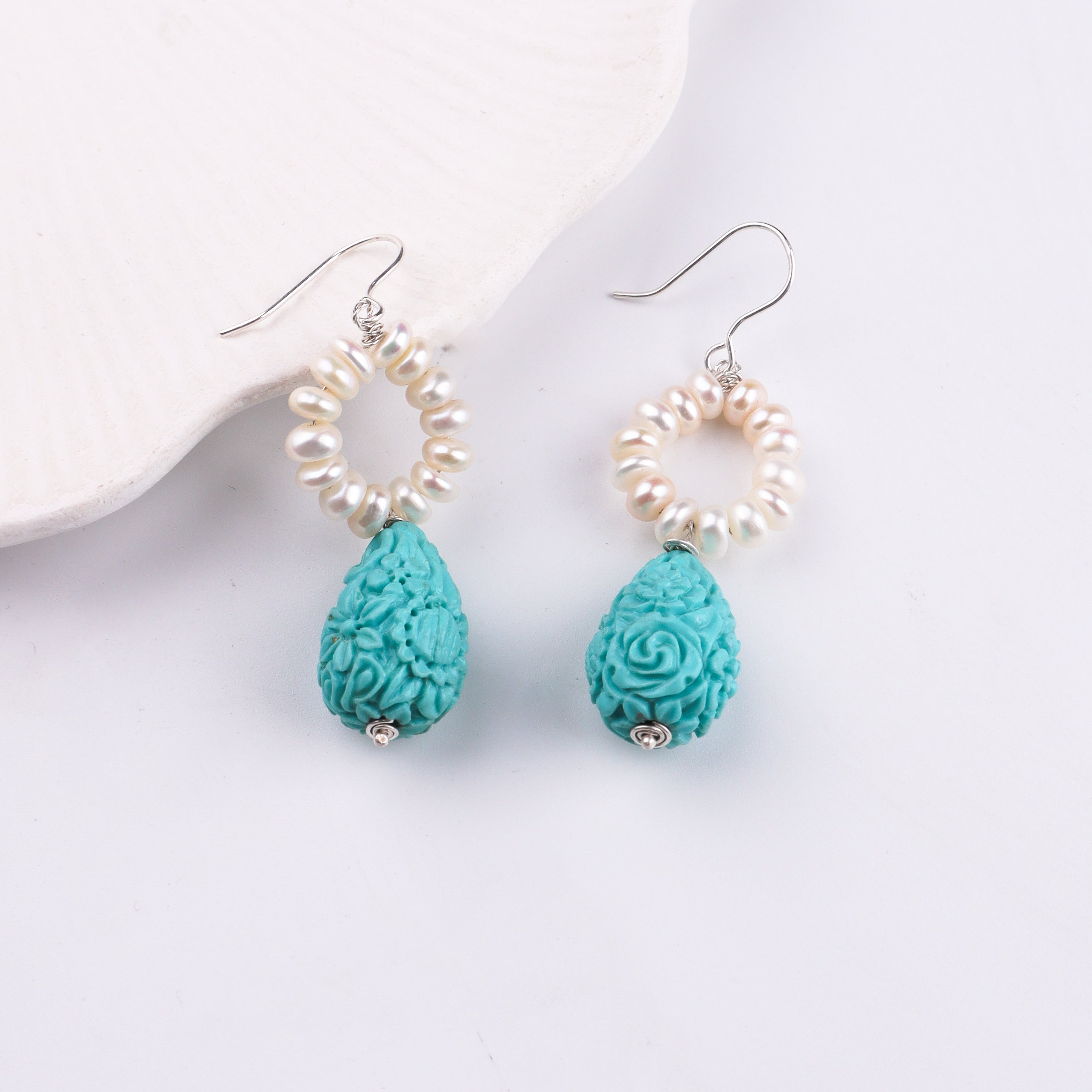 Freshwater Pearl & Blue Agate Silver Earrings (Project Handmade)