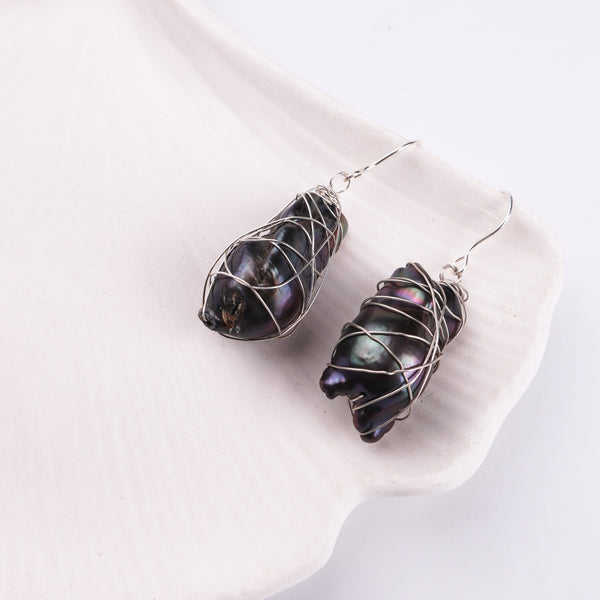 Wired Wrap Baroque Pearl Silver Earrings (Project Handmade)