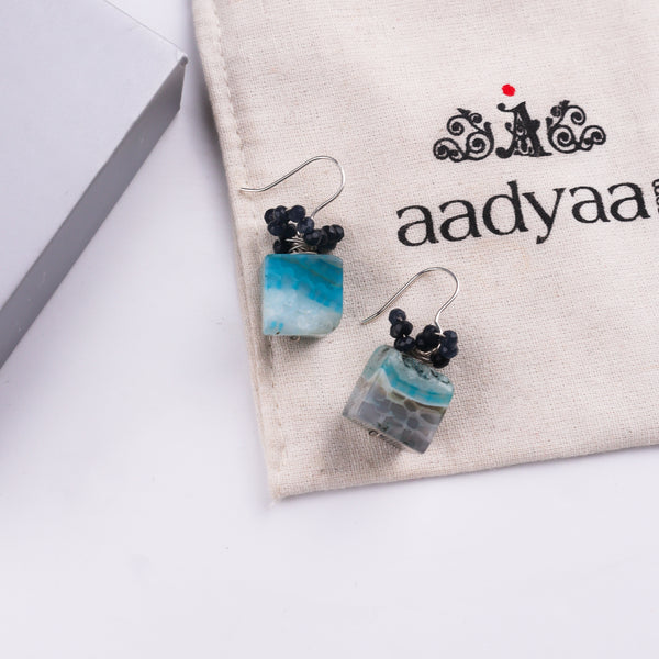 Blue Agate & Black Spinel Silver Earrings (Project Handmade)