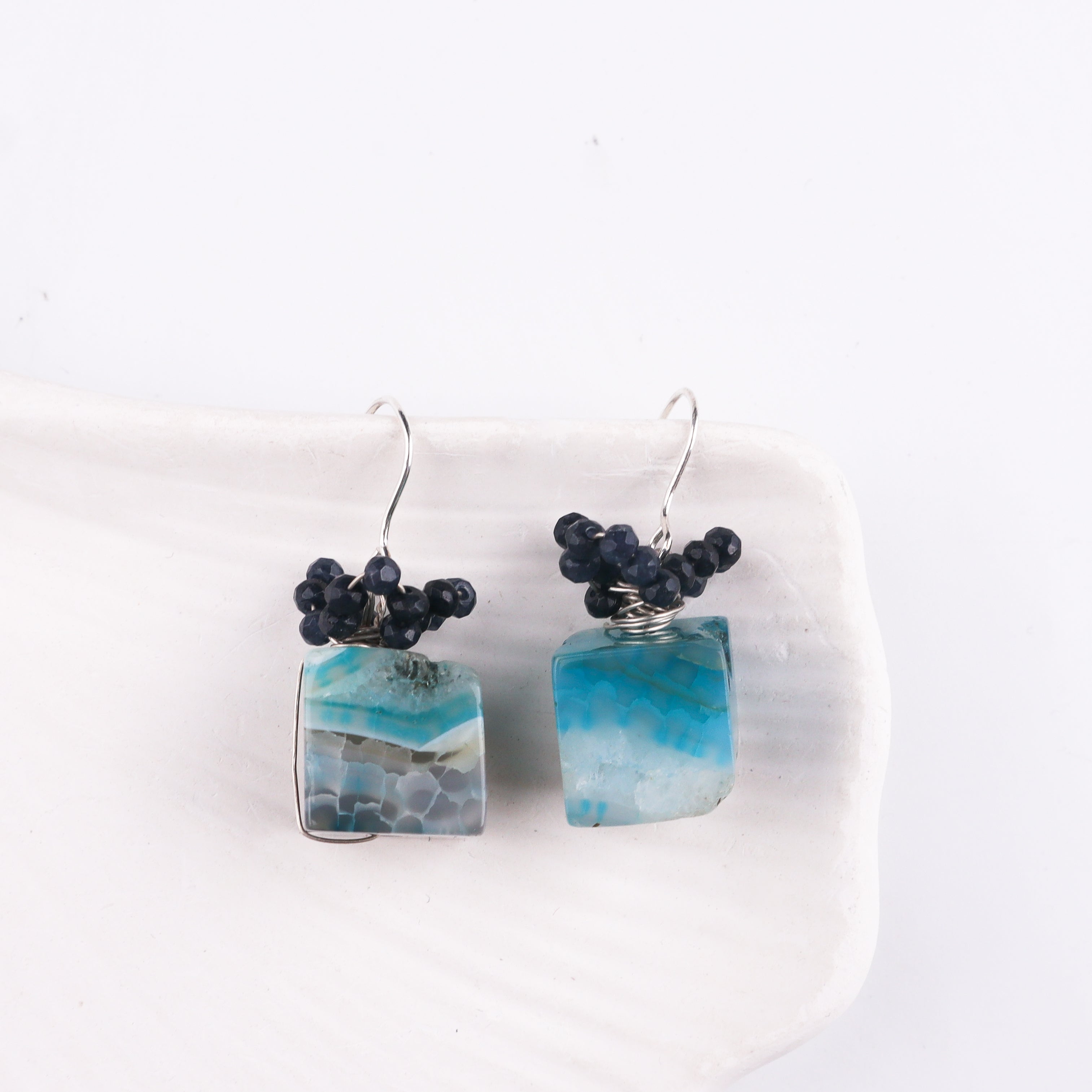 Blue Agate & Black Spinel Silver Earrings (Project Handmade)