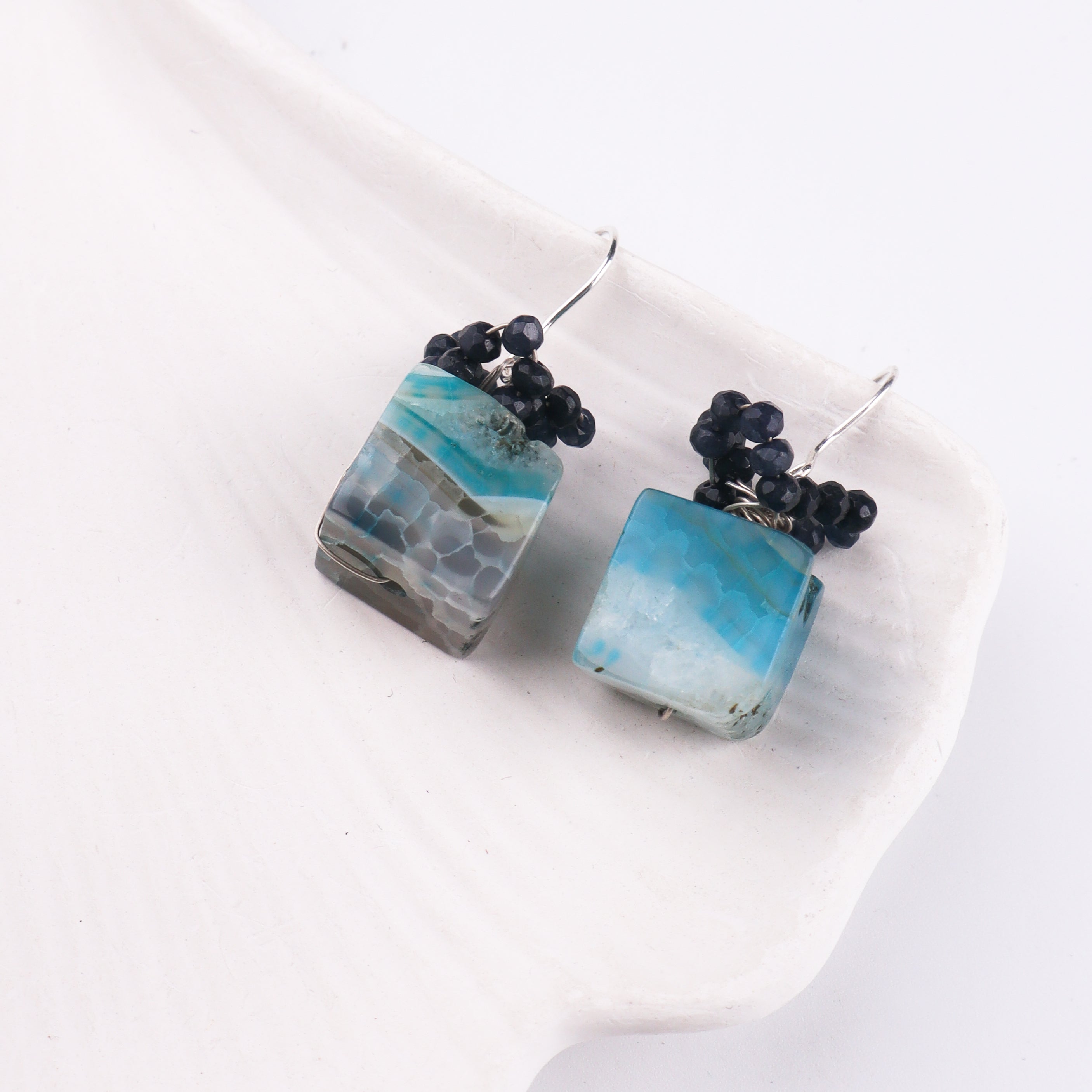 Blue Agate & Black Spinel Silver Earrings (Project Handmade)