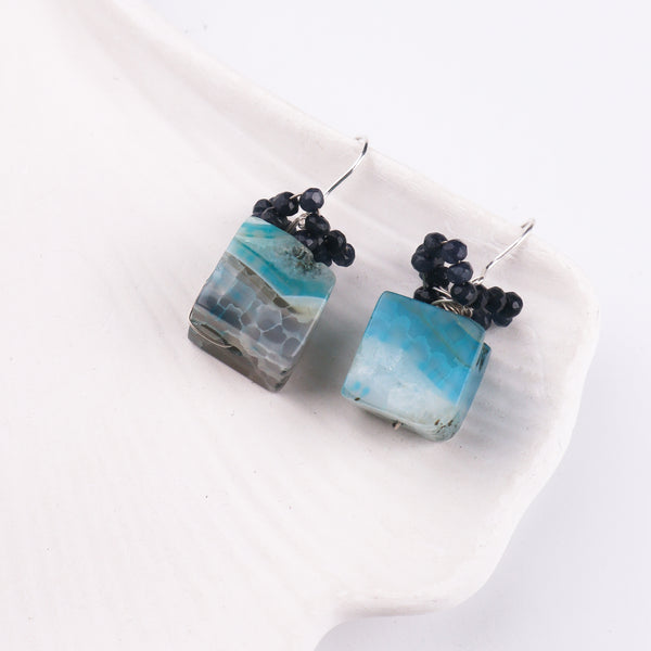 Blue Agate & Black Spinel Silver Earrings (Project Handmade)