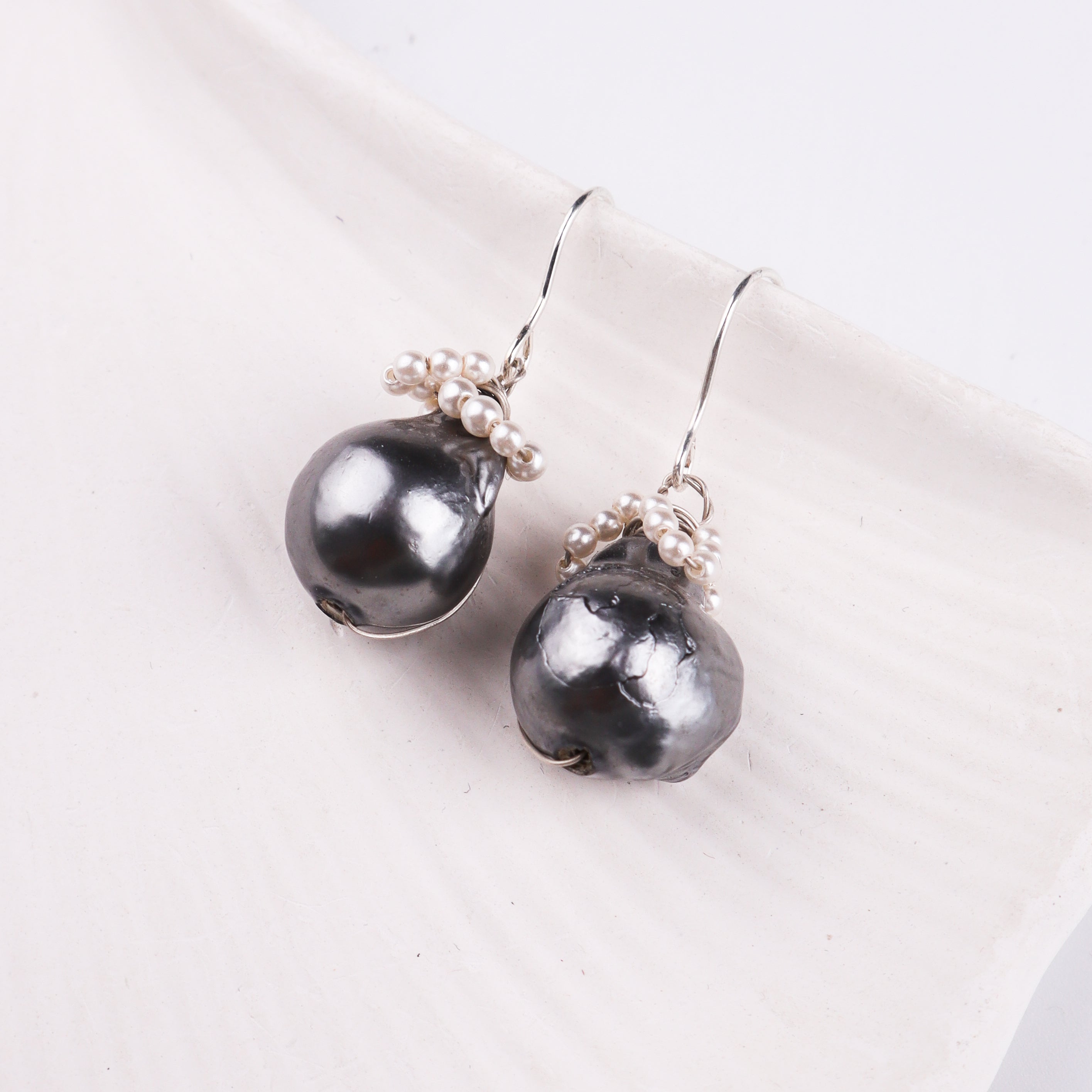 Black Baroque Pearl Silver Earrings (Project Handmade)