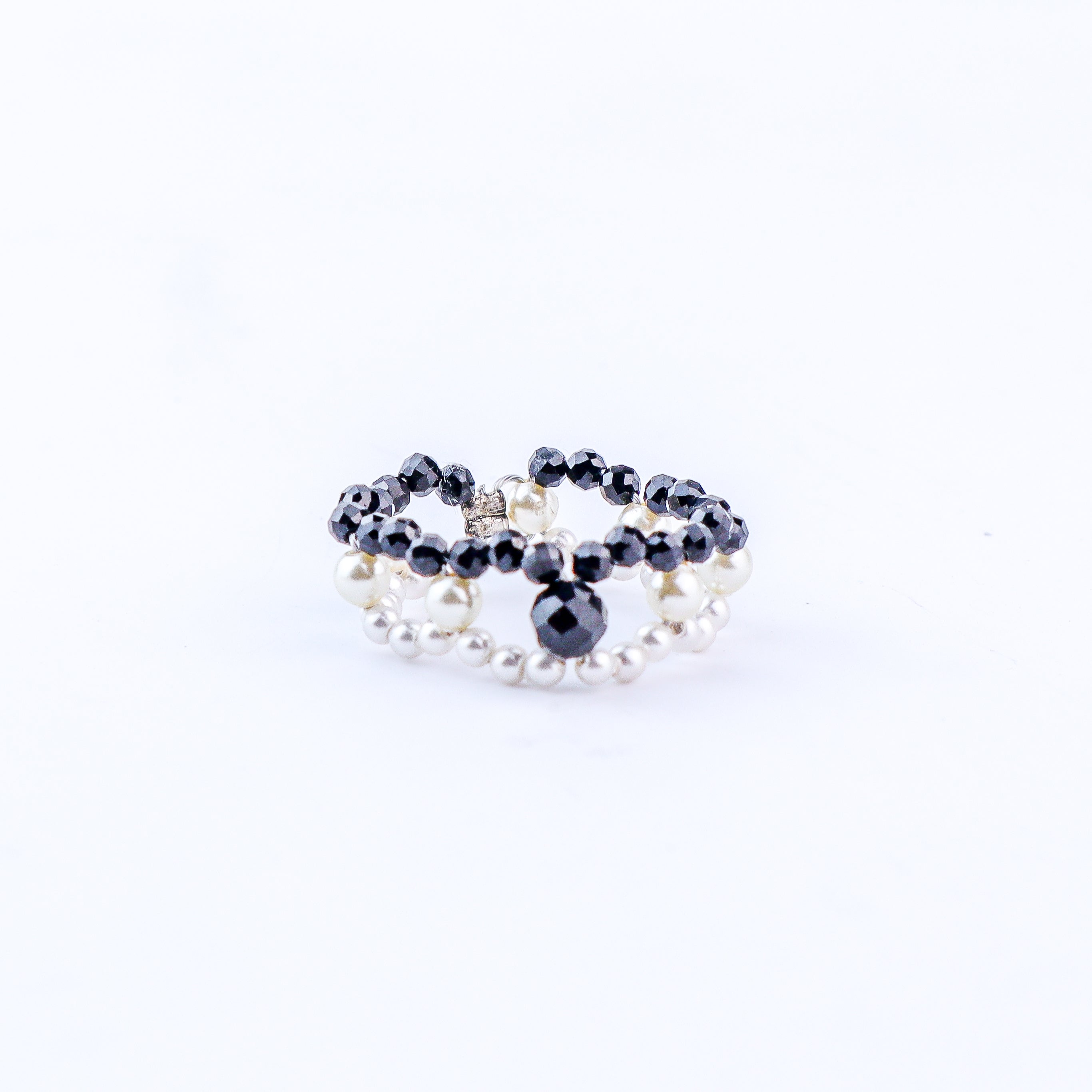 Silver Pearl Ring with Black Spinel