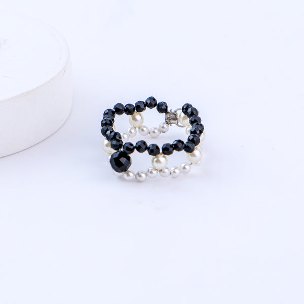 Silver Pearl Ring with Black Spinel