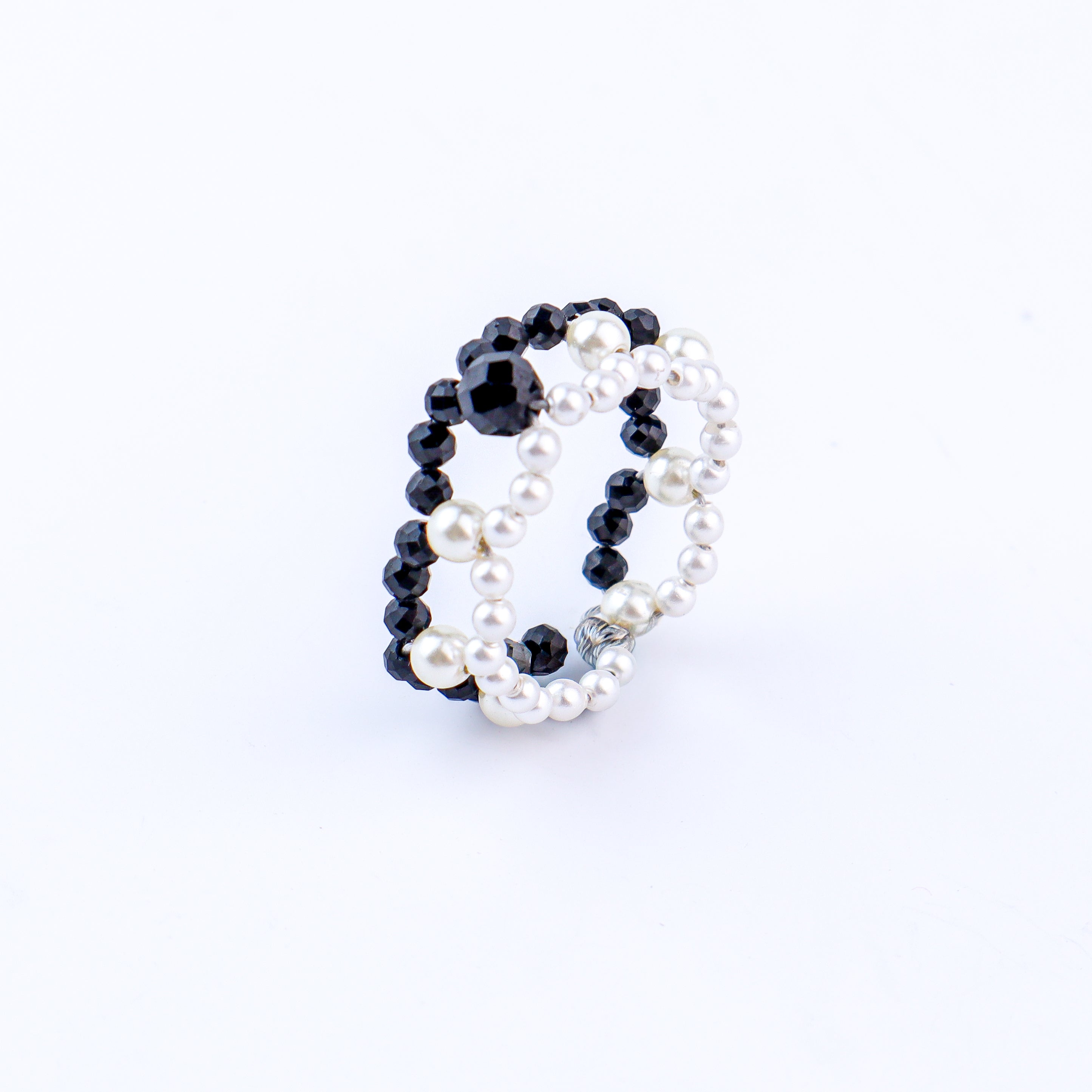 Silver Pearl Ring with Black Spinel