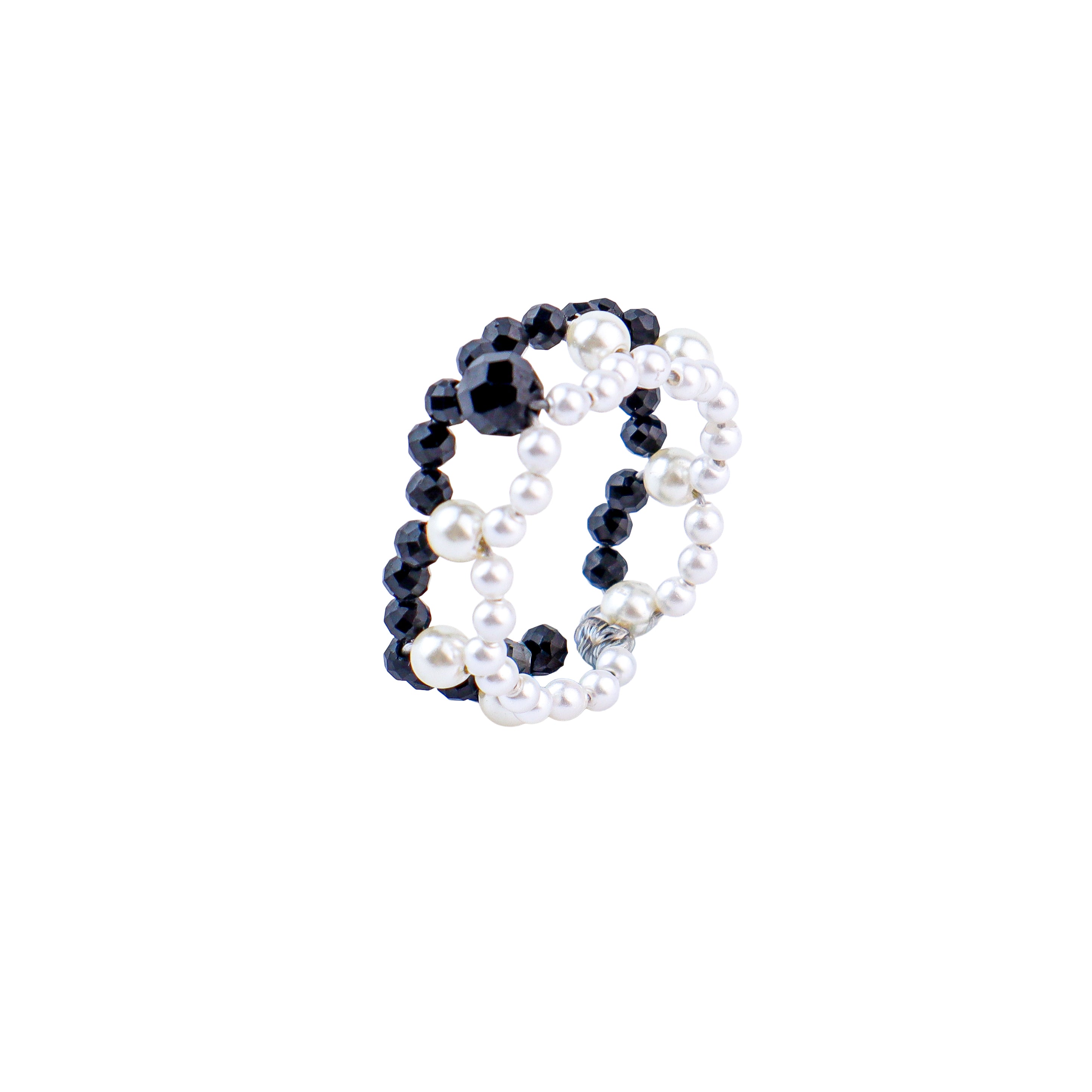 Silver Pearl Ring with Black Spinel