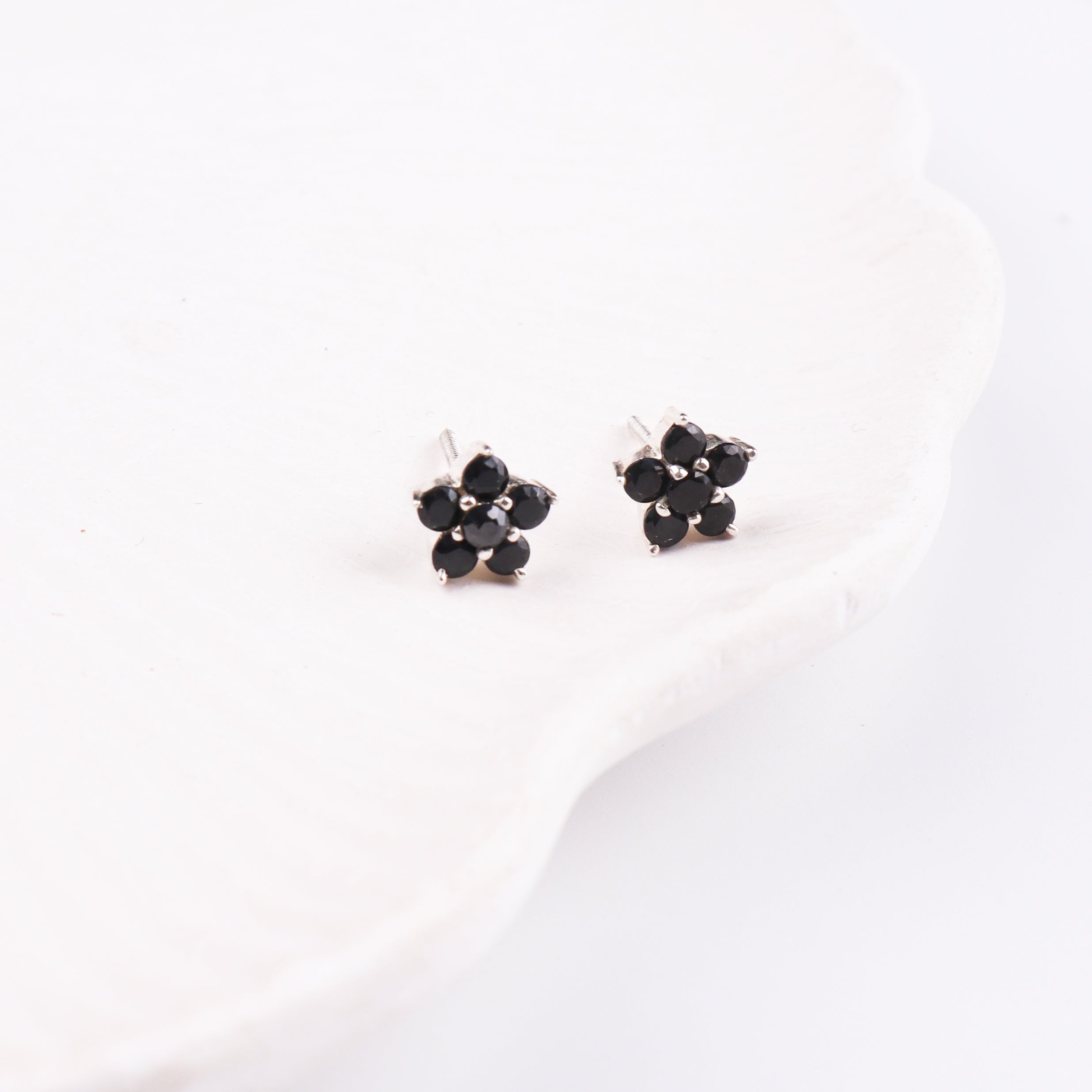 Black CZ Flower Stud | 92.5 Silver
