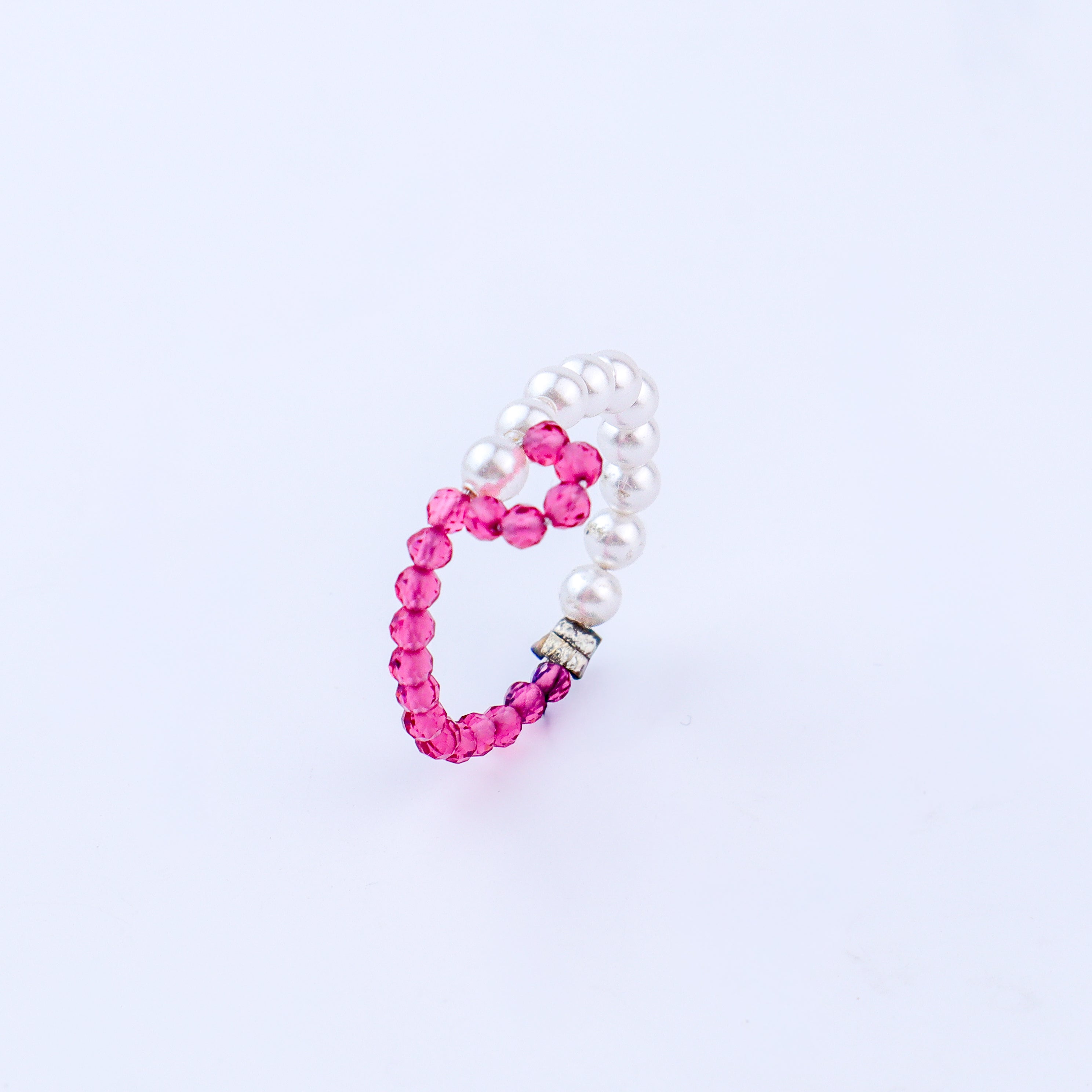 Silver Pearls Ring with Ruby Stones