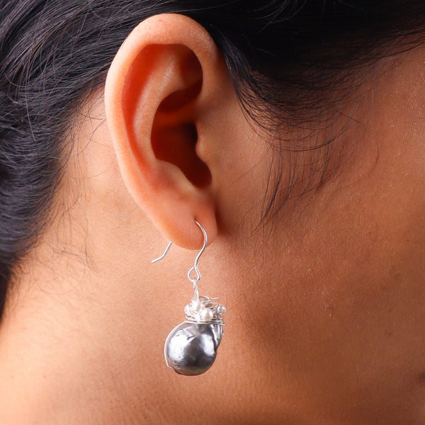 Black Baroque Pearl Silver Earrings (Project Handmade)