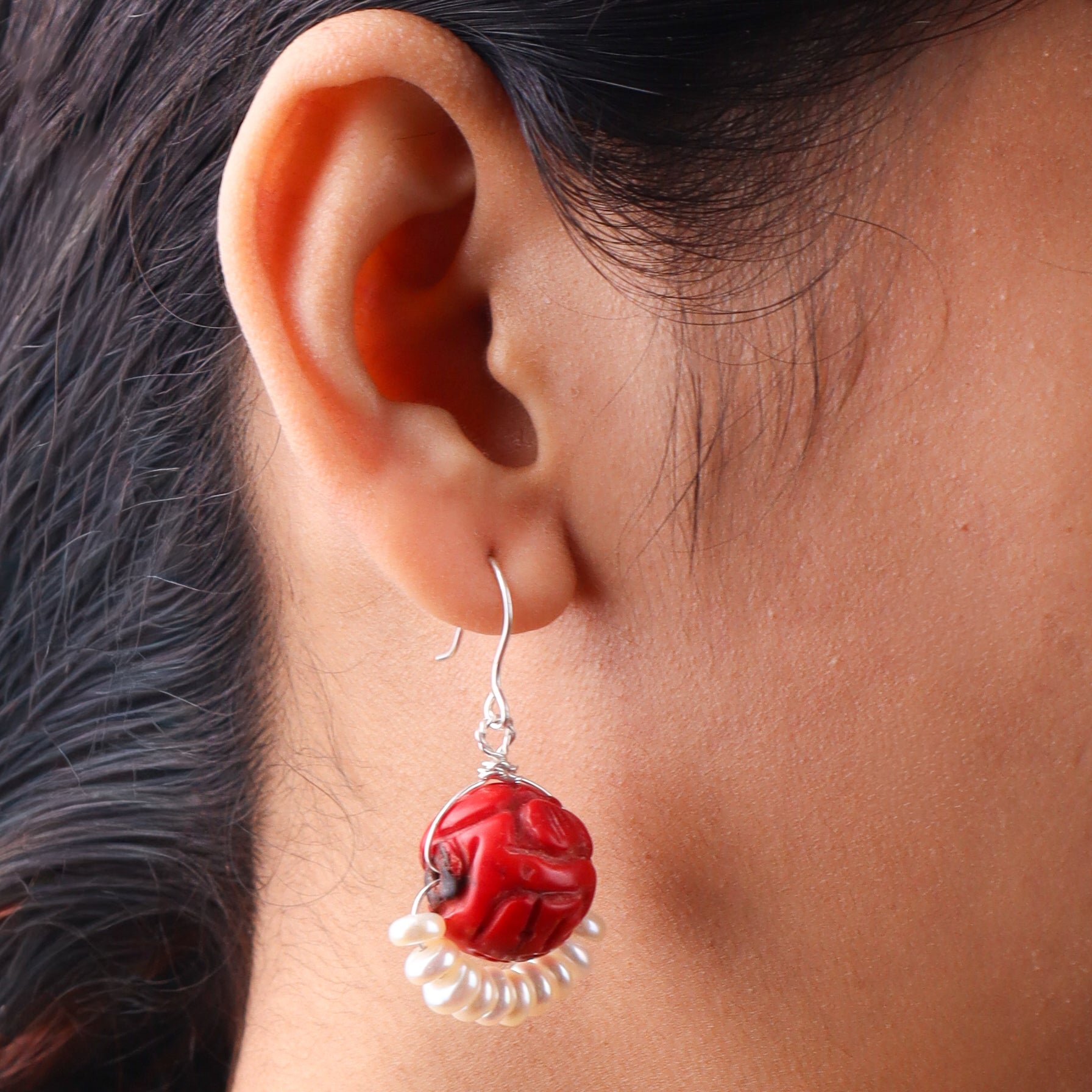 Coral & Freshwater Pearl Silver Earrings (Project Handmade)