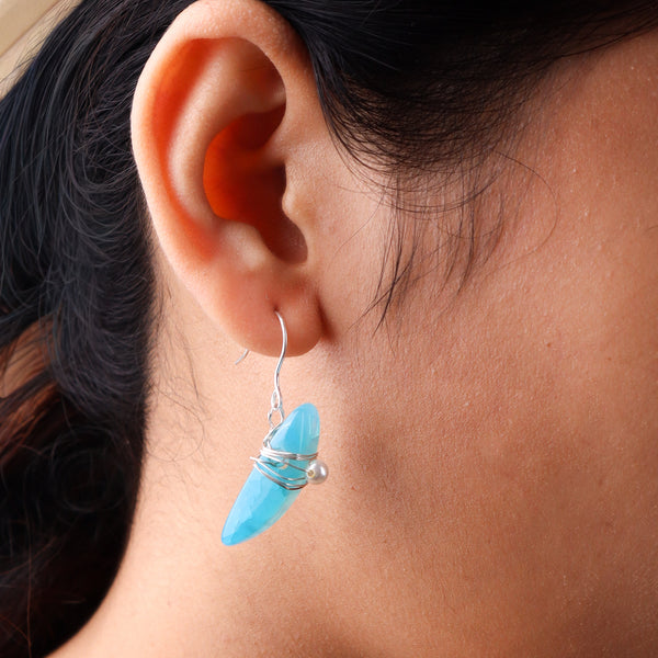 Blue Agate & Pearl Silver Earrings (Project Handmade)