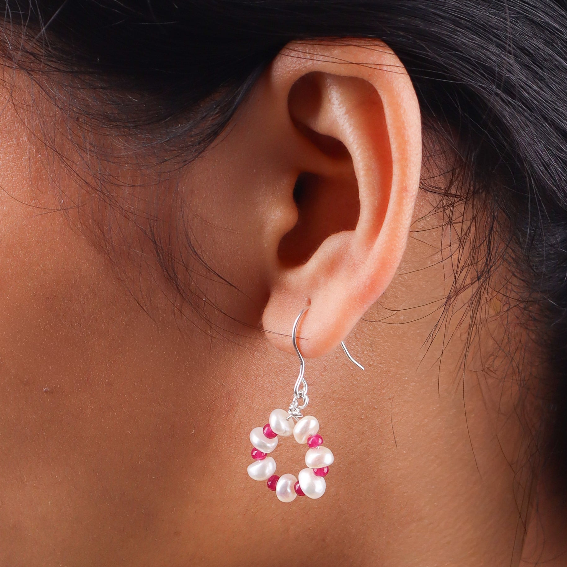 Silver hook earrings with pearl and ruby beads