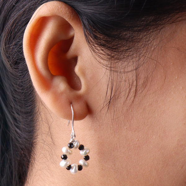 Black Spinel & Freshwater Pearl Silver Earrings (Project Handmade)