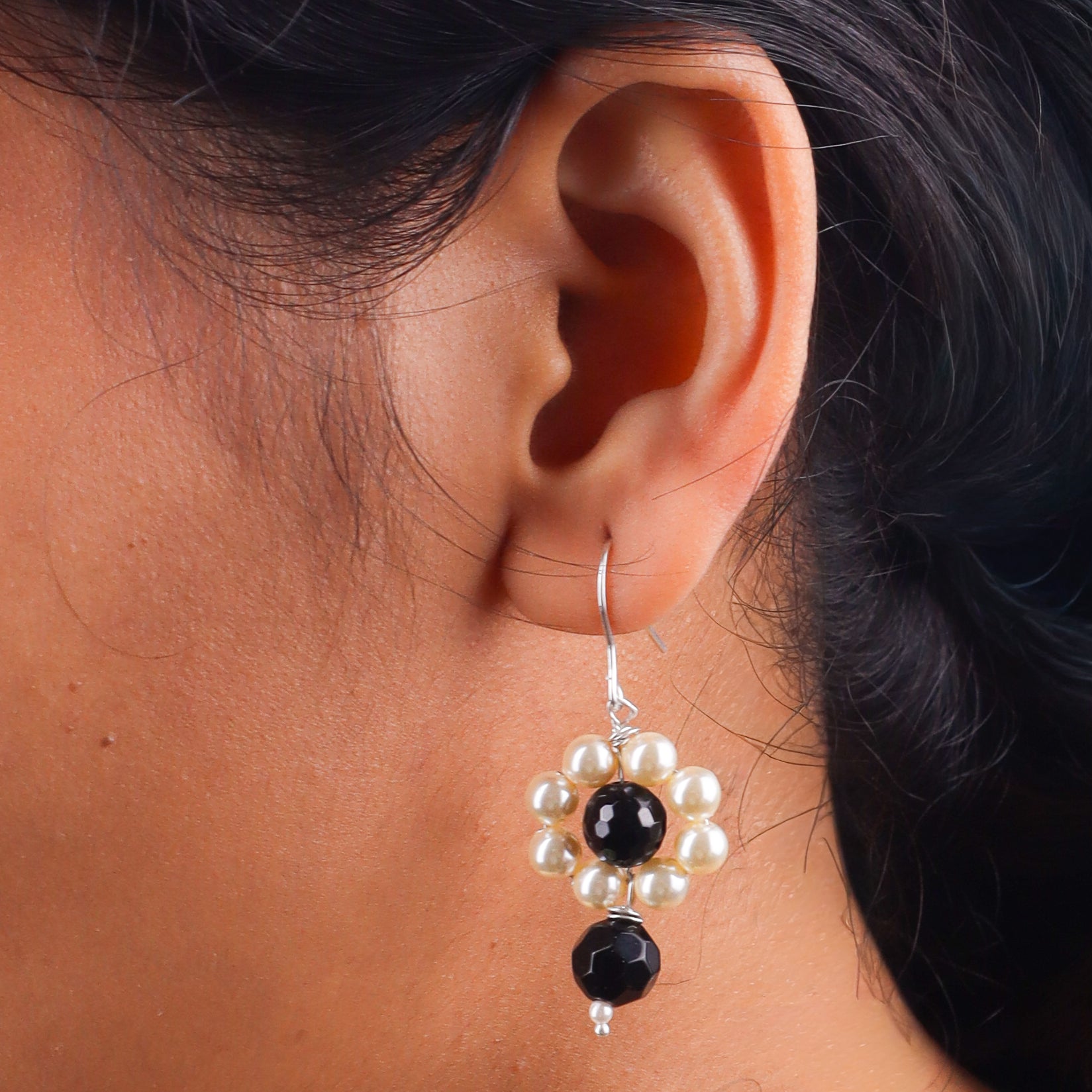 Black Spinel & Pearl Silver Earrings (Project Handmade)