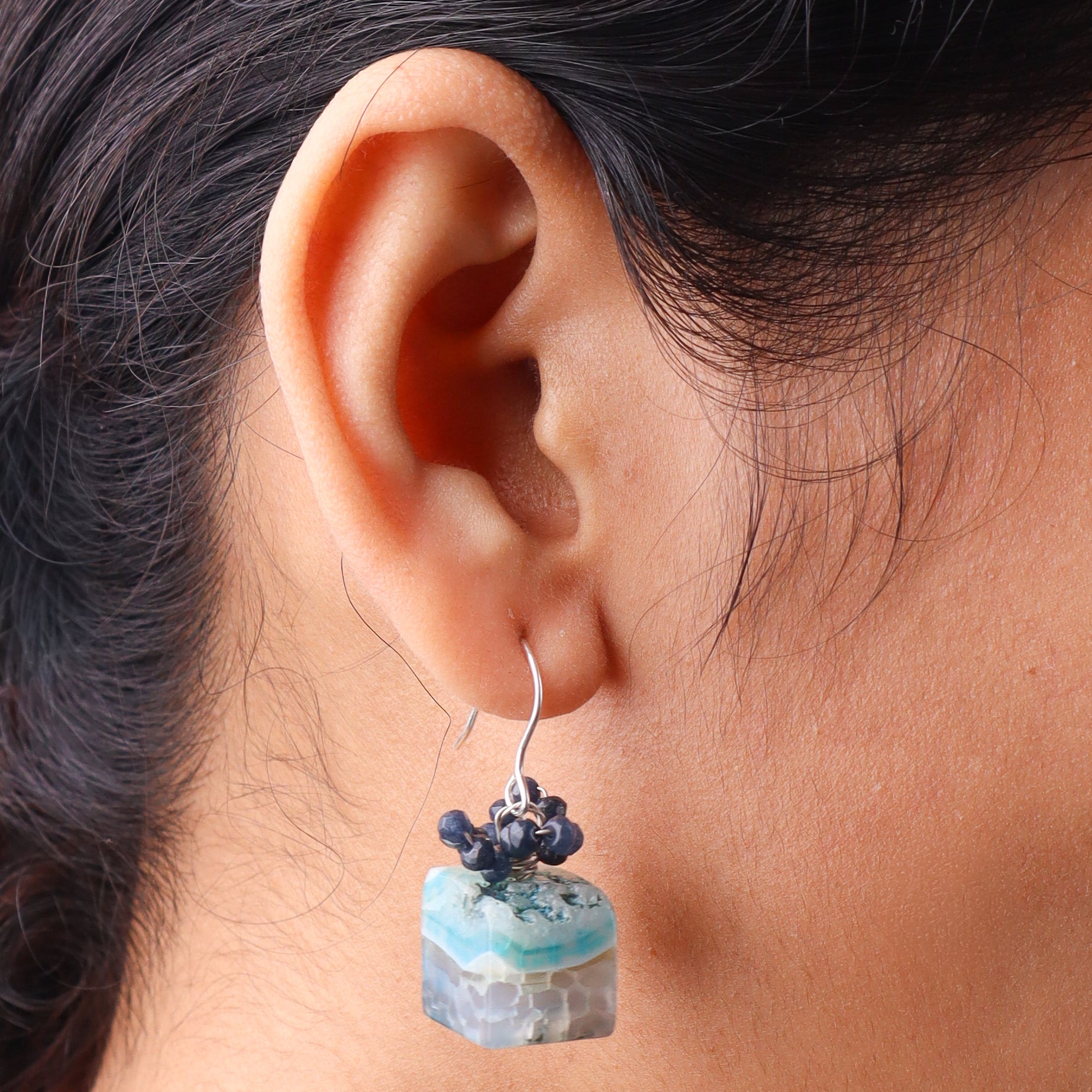 Blue Agate & Black Spinel Silver Earrings (Project Handmade)
