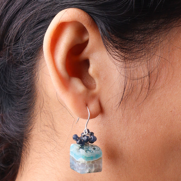 Blue Agate & Black Spinel Silver Earrings (Project Handmade)