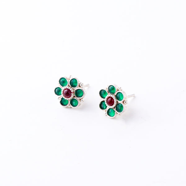 Silver green flower earrings in 92.5 sterling silver