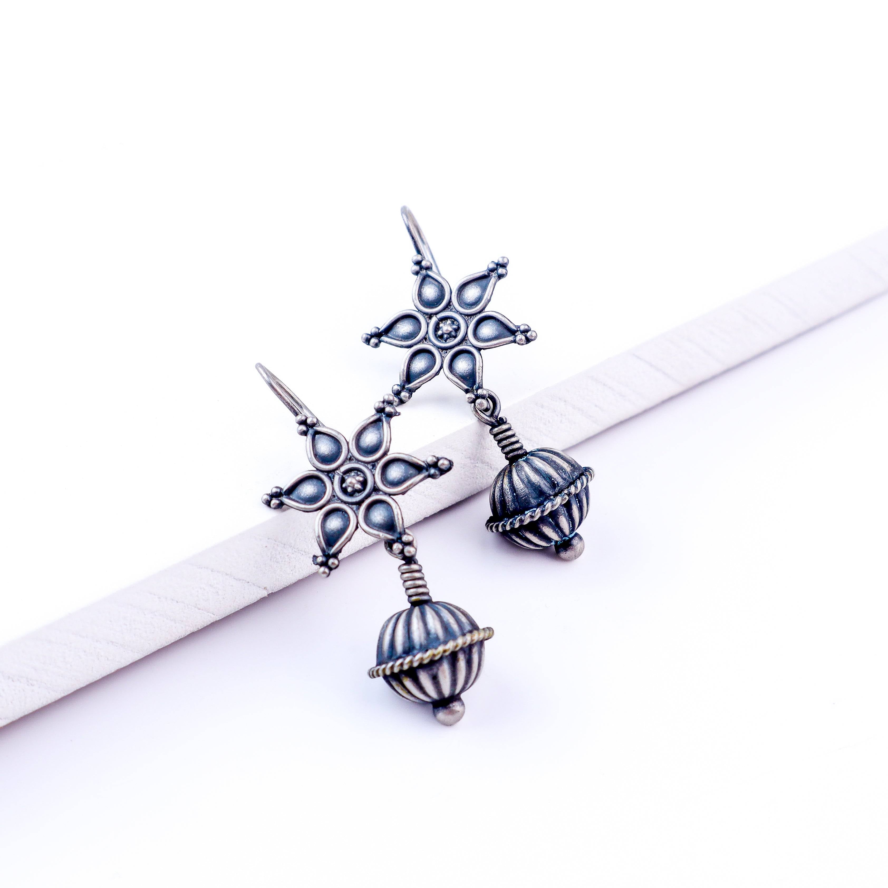 Oxidized Flower Spring Dome Earrings