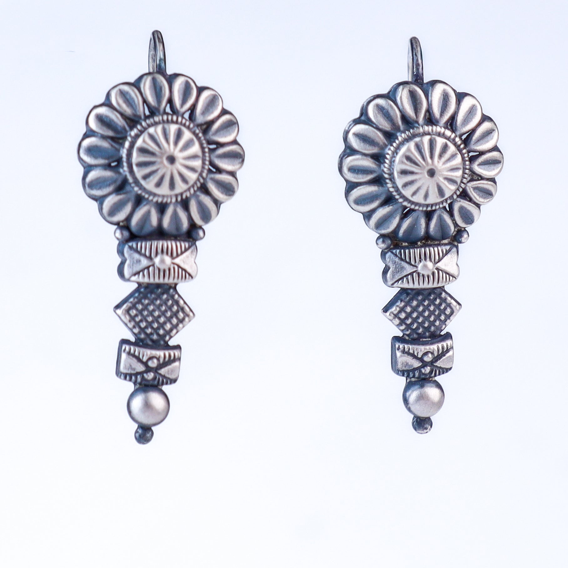 Oxidized Tribal Flower Drop Earrings
