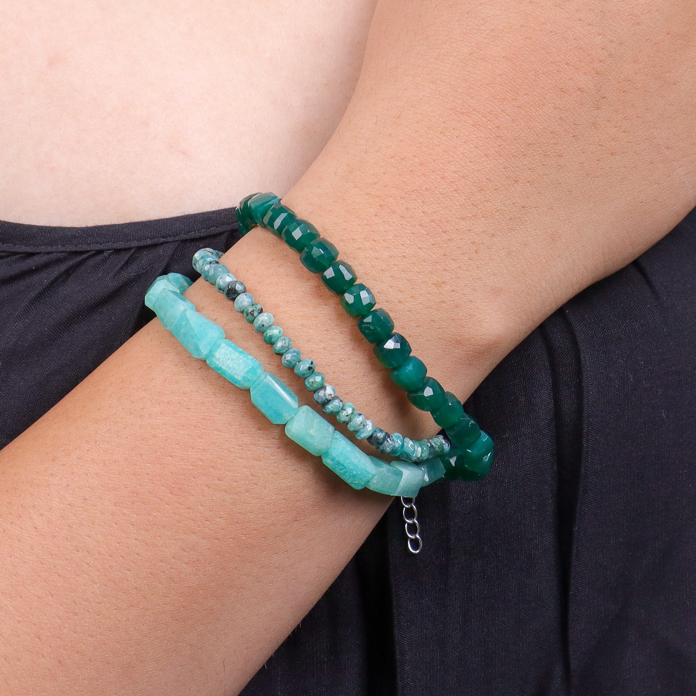 Green Onyx, Green Jade & Amazonite Silver Bracelet (Project Handmade)