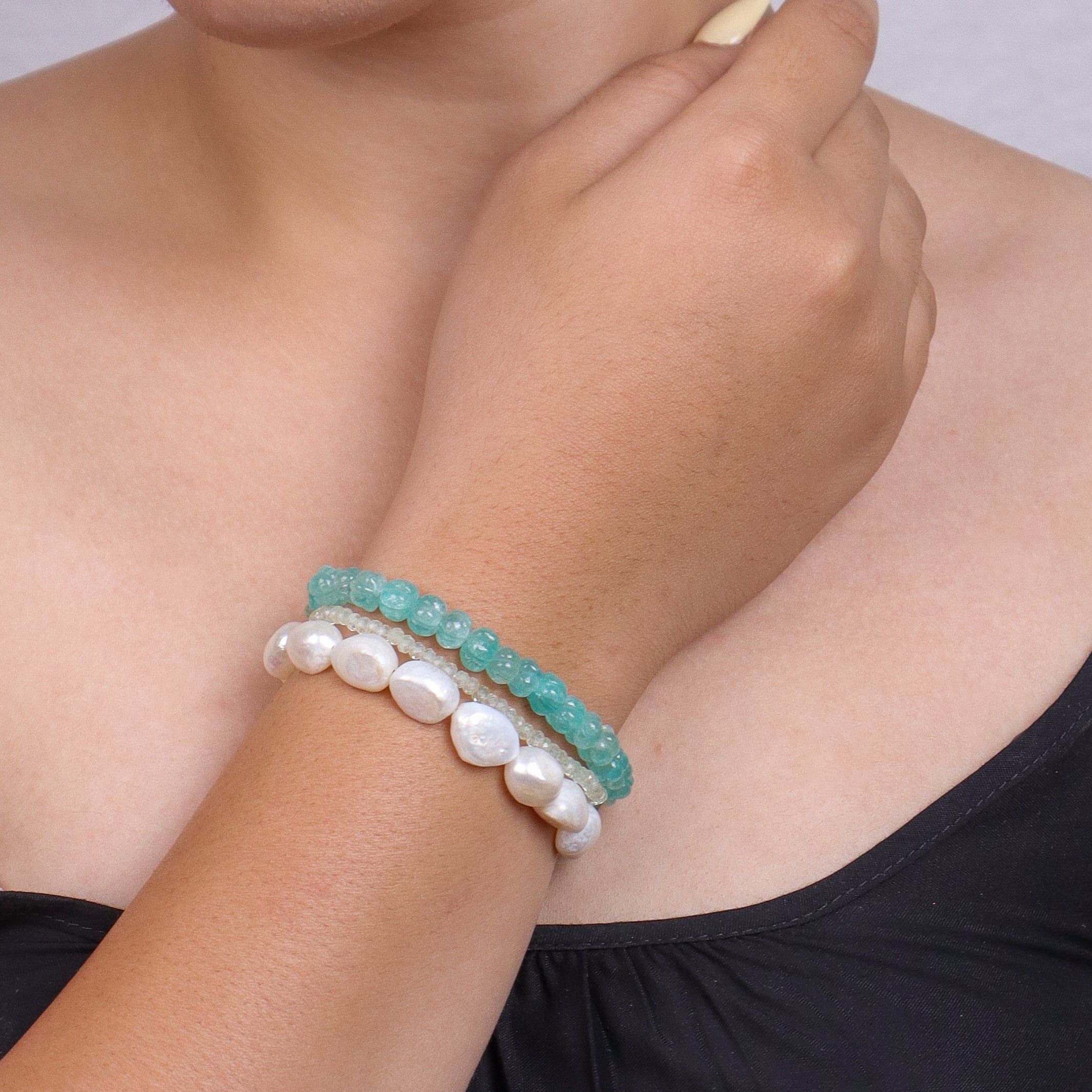 Freshwater Pearl, Carved Pumpkin Aqua Fluorite & Peridot Silver Bracelet (Project Handmade)