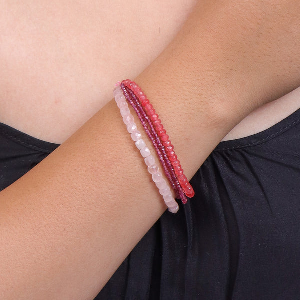 Rose Quartz, Pink Jade & Lab Grown Ruby Silver Bracelet (Project Handmade)