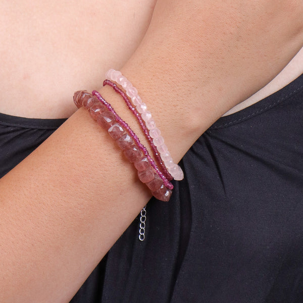 Strawberry Quartz, Rose Quartz & Lab Grown Ruby Silver Bracelet (Project Handmade)