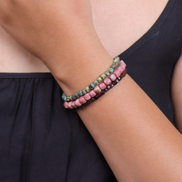 Rose Quartz, Garnet & Firoza Silver Bracelet (Project Handmade)
