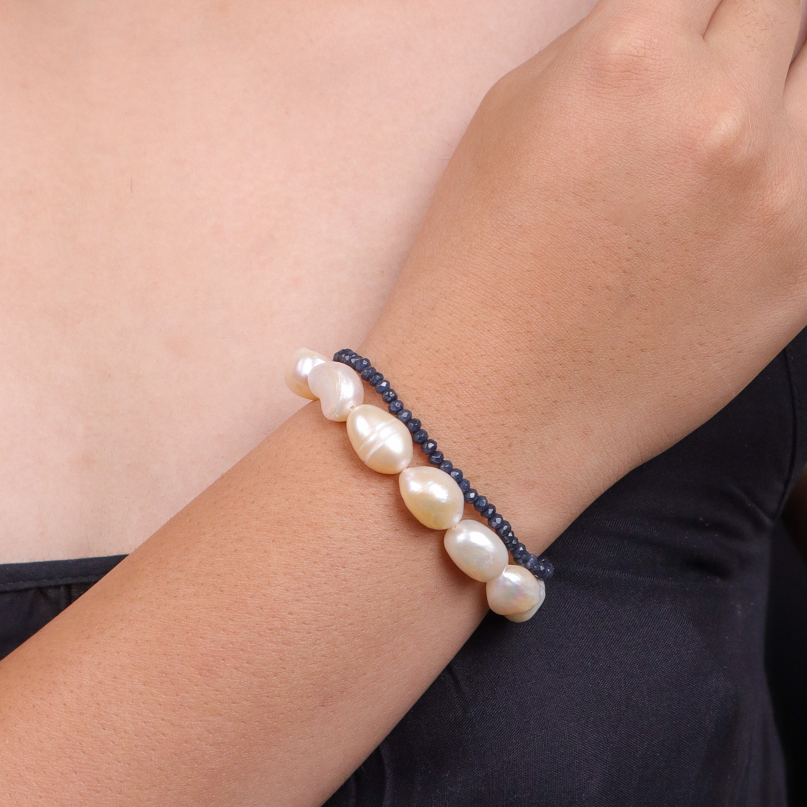 Freshwater Pearl & Blue Jade Silver Bracelet (Project Handmade)