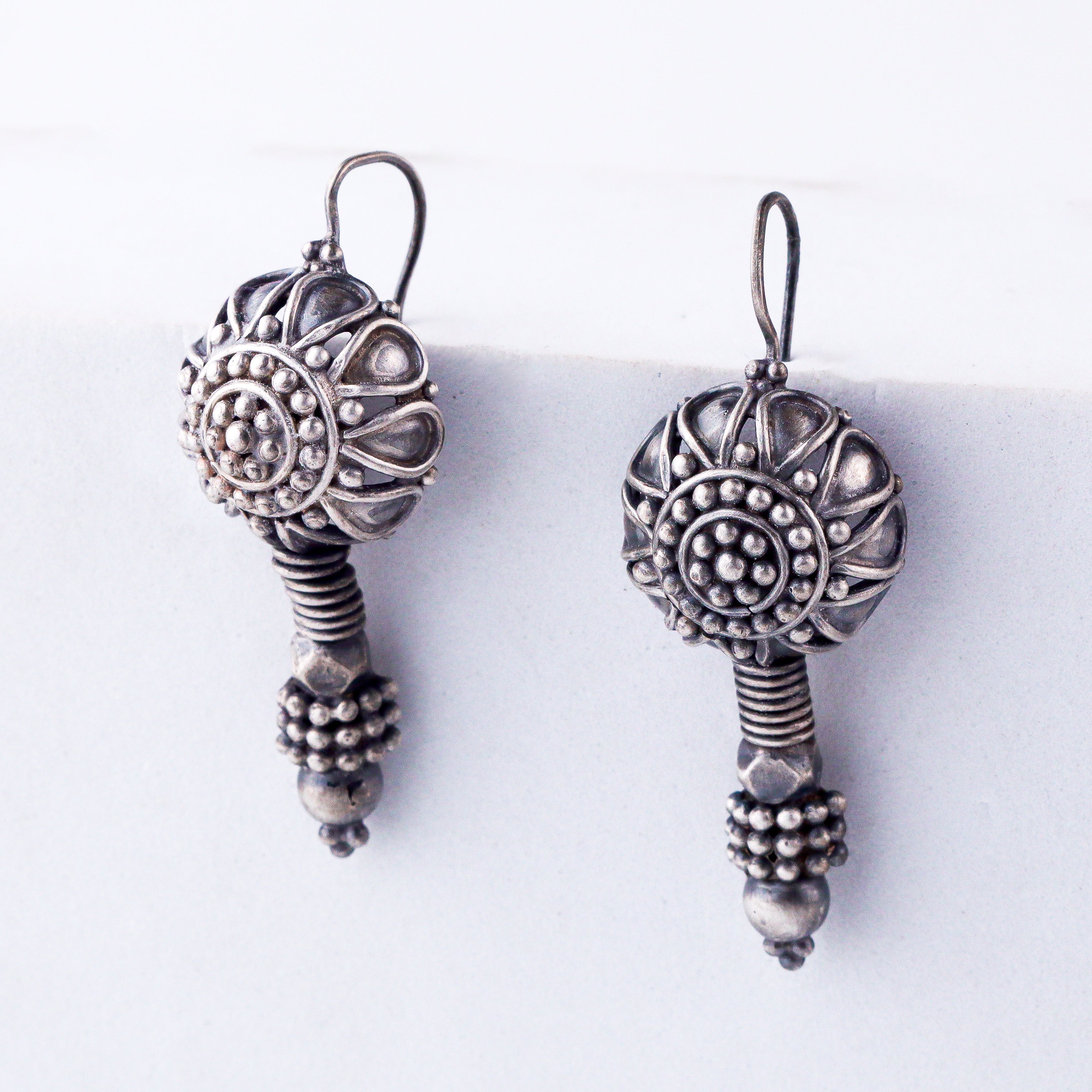 Silver Oxidized Flower Dome Earring
