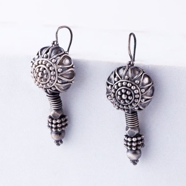 Silver Oxidized Flower Dome Earring
