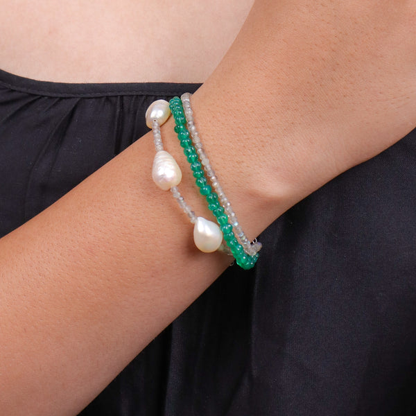 Green Onyx, Labradorite & Freshwater Pearl Silver Bracelet (Project Handmade)