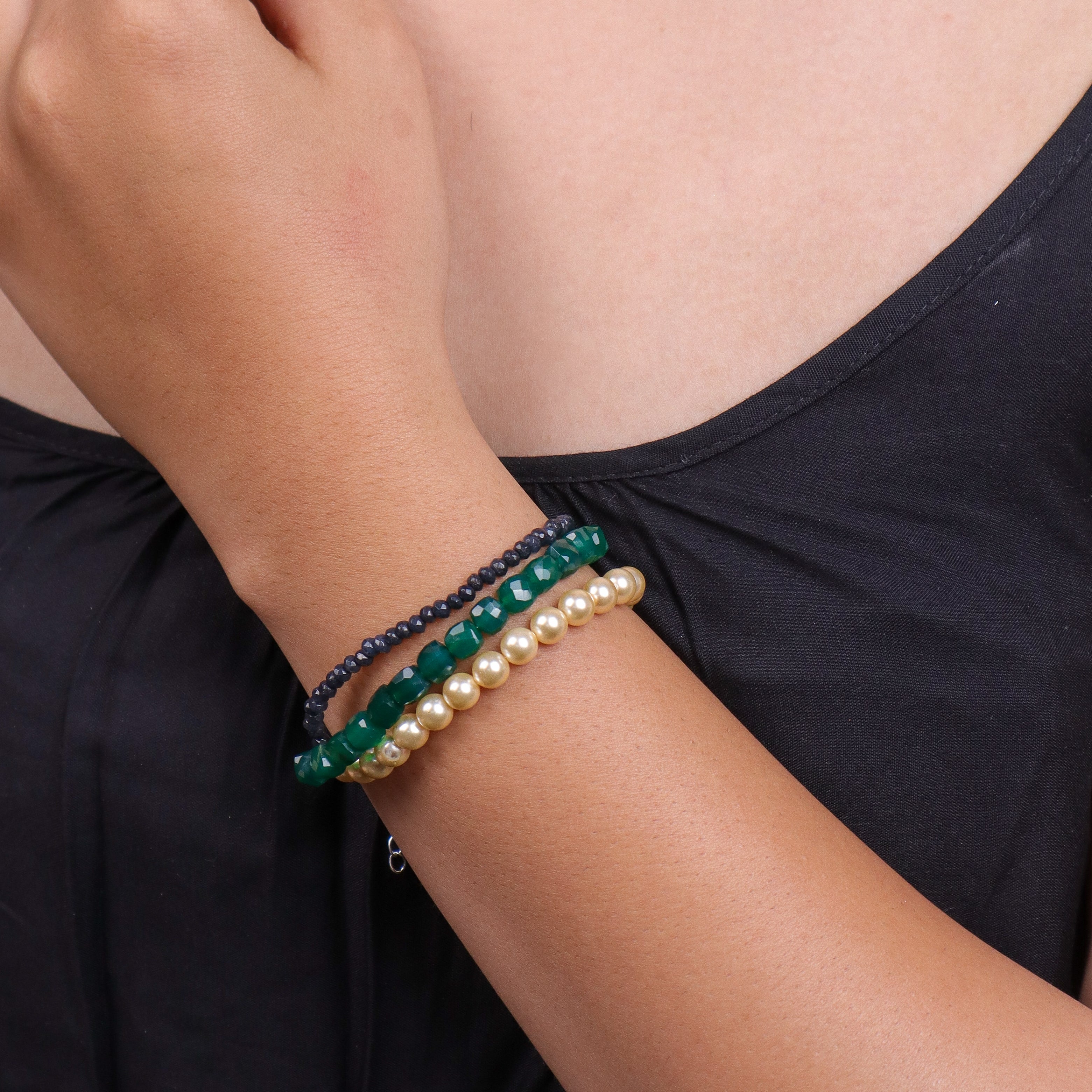Green Onyx, Blue Jade & Pearl Silver Bracelet (Project Handmade)