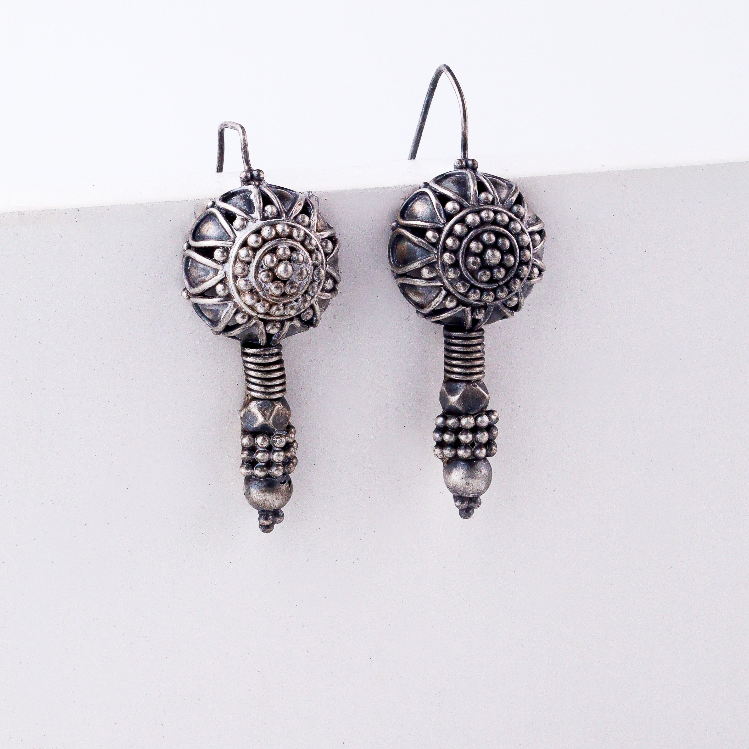 Silver Oxidized Flower Dome Earring