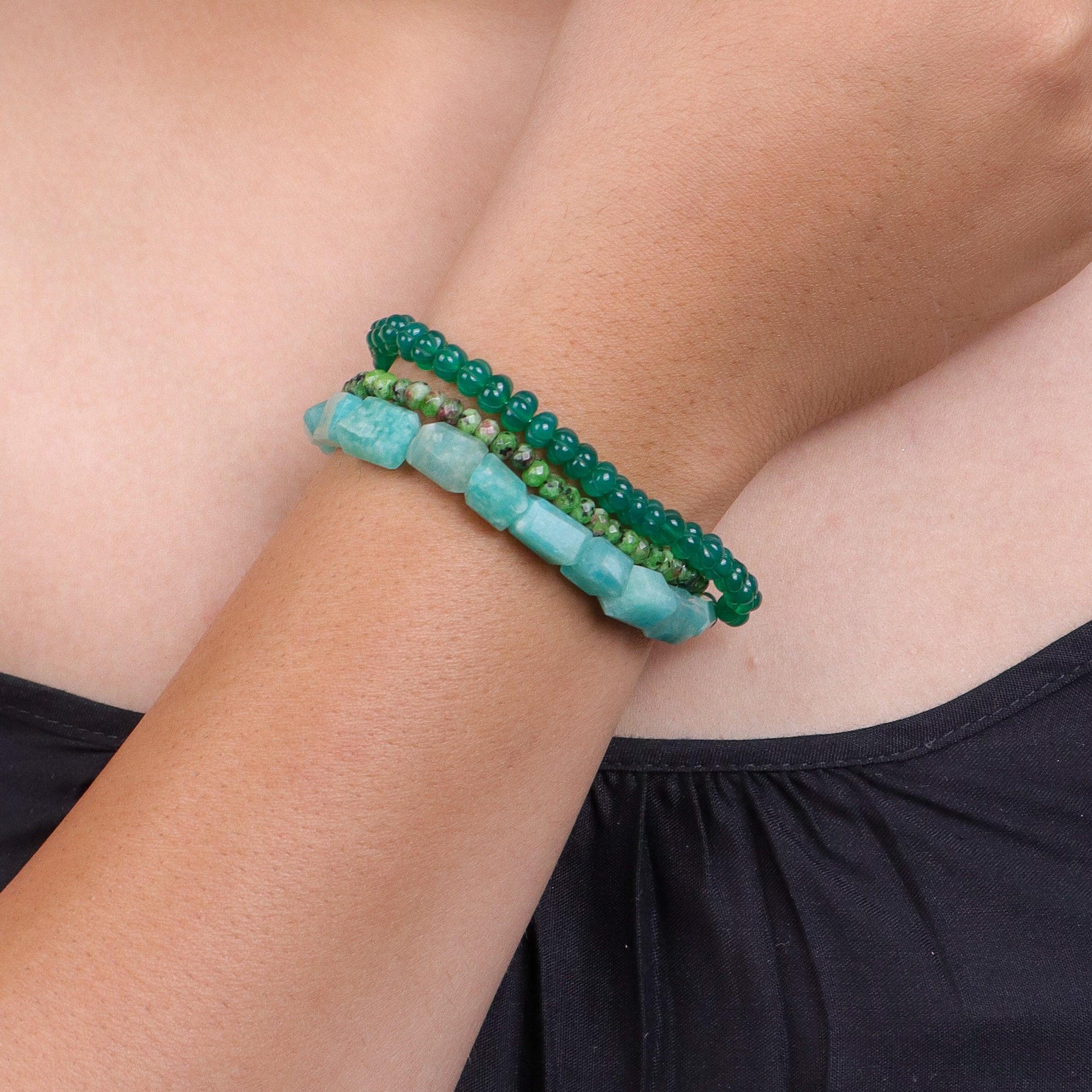 Amazonite, Green Onyx & Green Jade Silver Bracelet (Project Handmade)